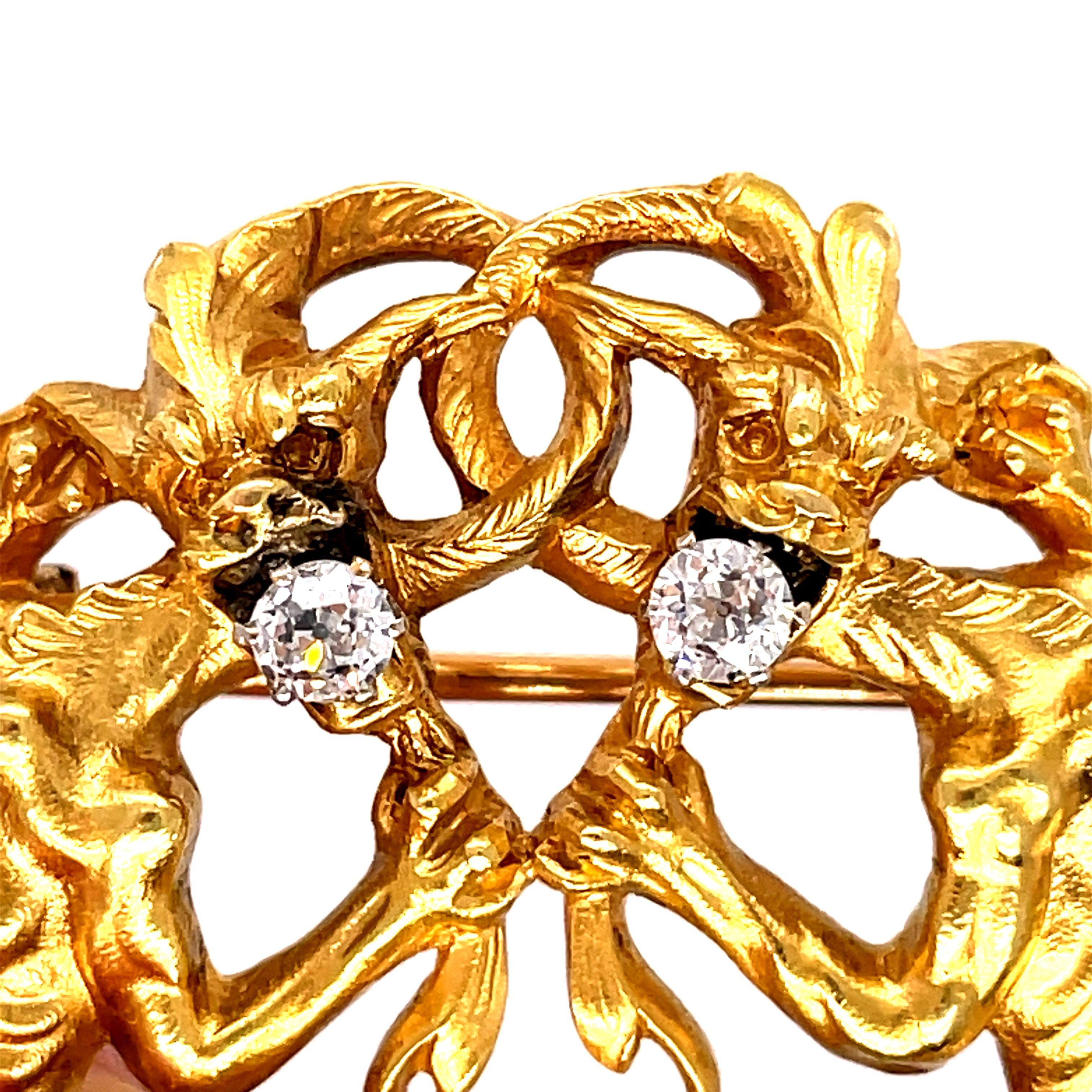 Antique Lion Gargoyle Brooch, 18K Yellow gold, 0.2CT Old Mine Diamonds brooch For Sale 7