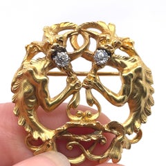 Antique Lion Gargoyle Brooch, 18K Yellow gold, 0.2CT Old Mine Diamonds brooch