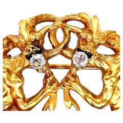 Antique Lion Gargoyle Brooch, 18K Yellow gold, 0.2CT Old Mine Diamonds brooch