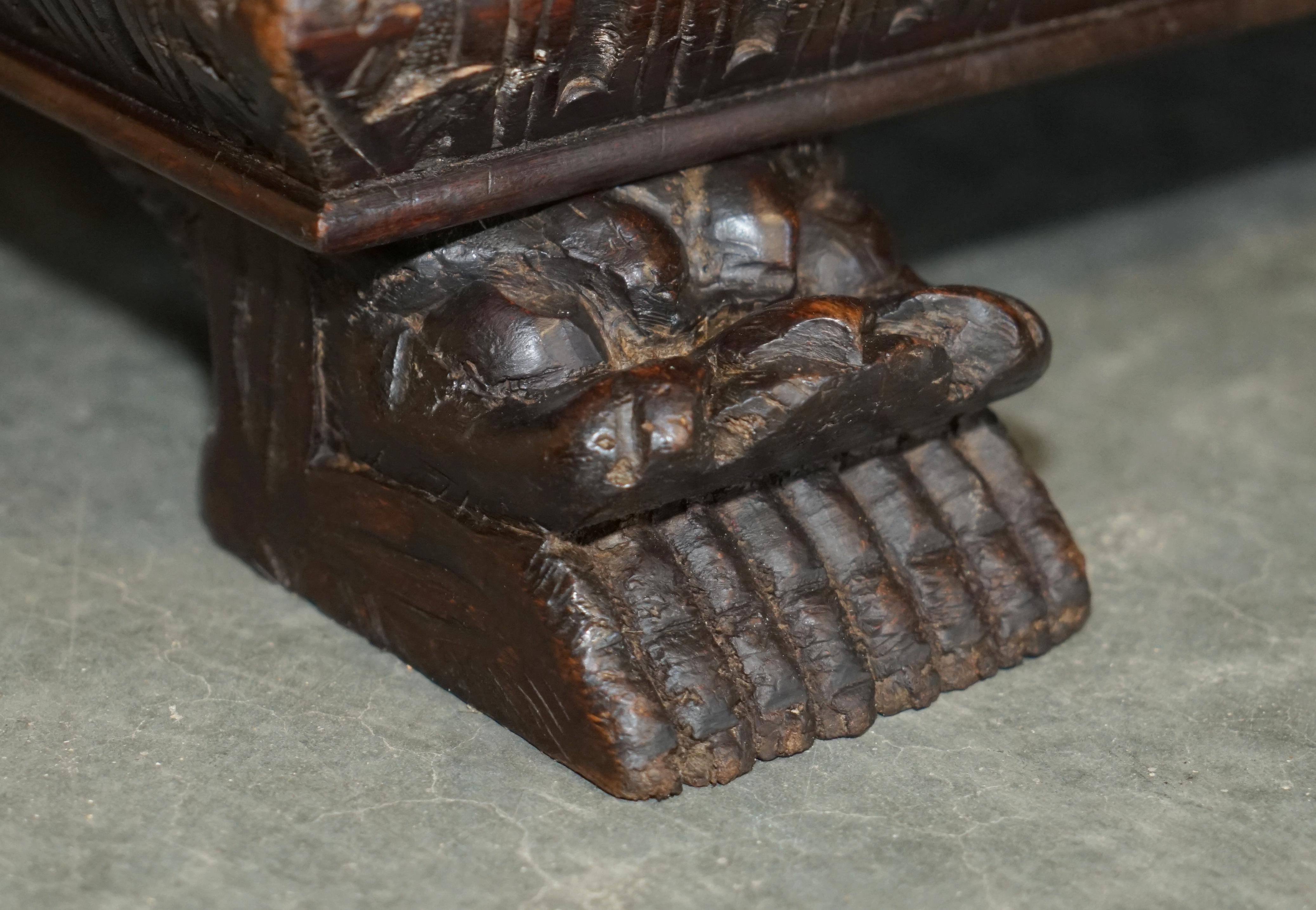 Antique Lion Griffon Carved Italian 1860 Monks Settle Bench Internal Storage For Sale 5