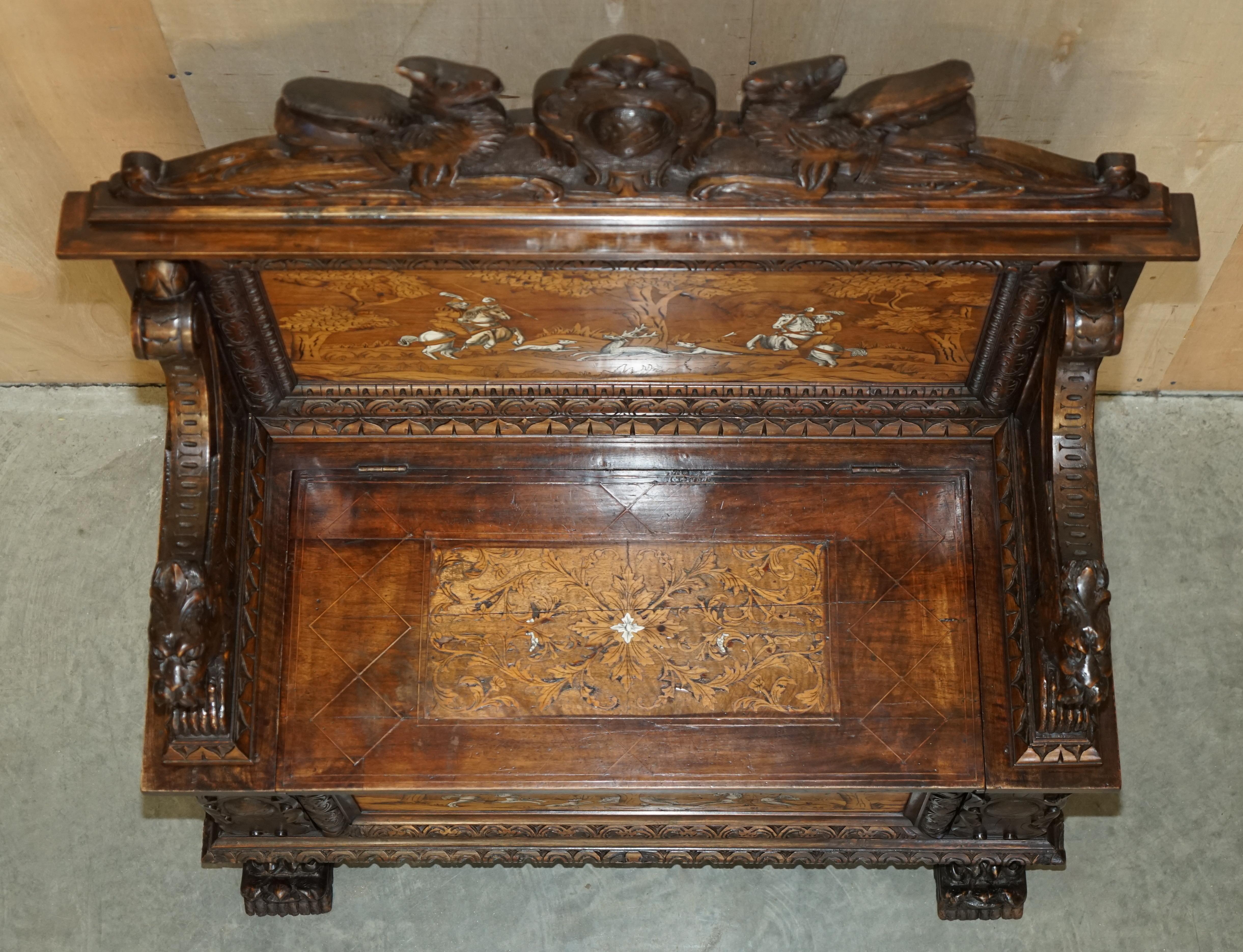 Antique Lion Griffon Carved Italian 1860 Monks Settle Bench Internal Storage For Sale 8