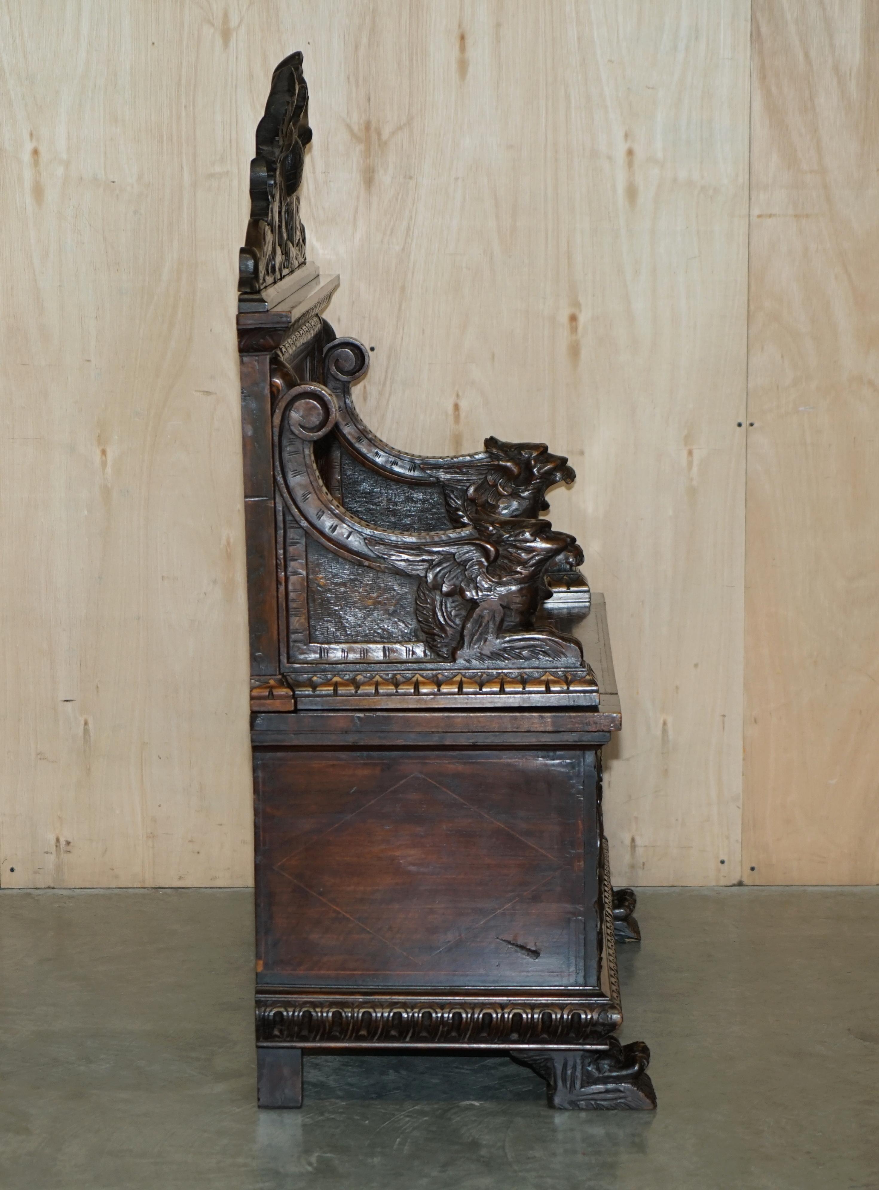 Antique Lion Griffon Carved Italian 1860 Monks Settle Bench Internal Storage For Sale 10