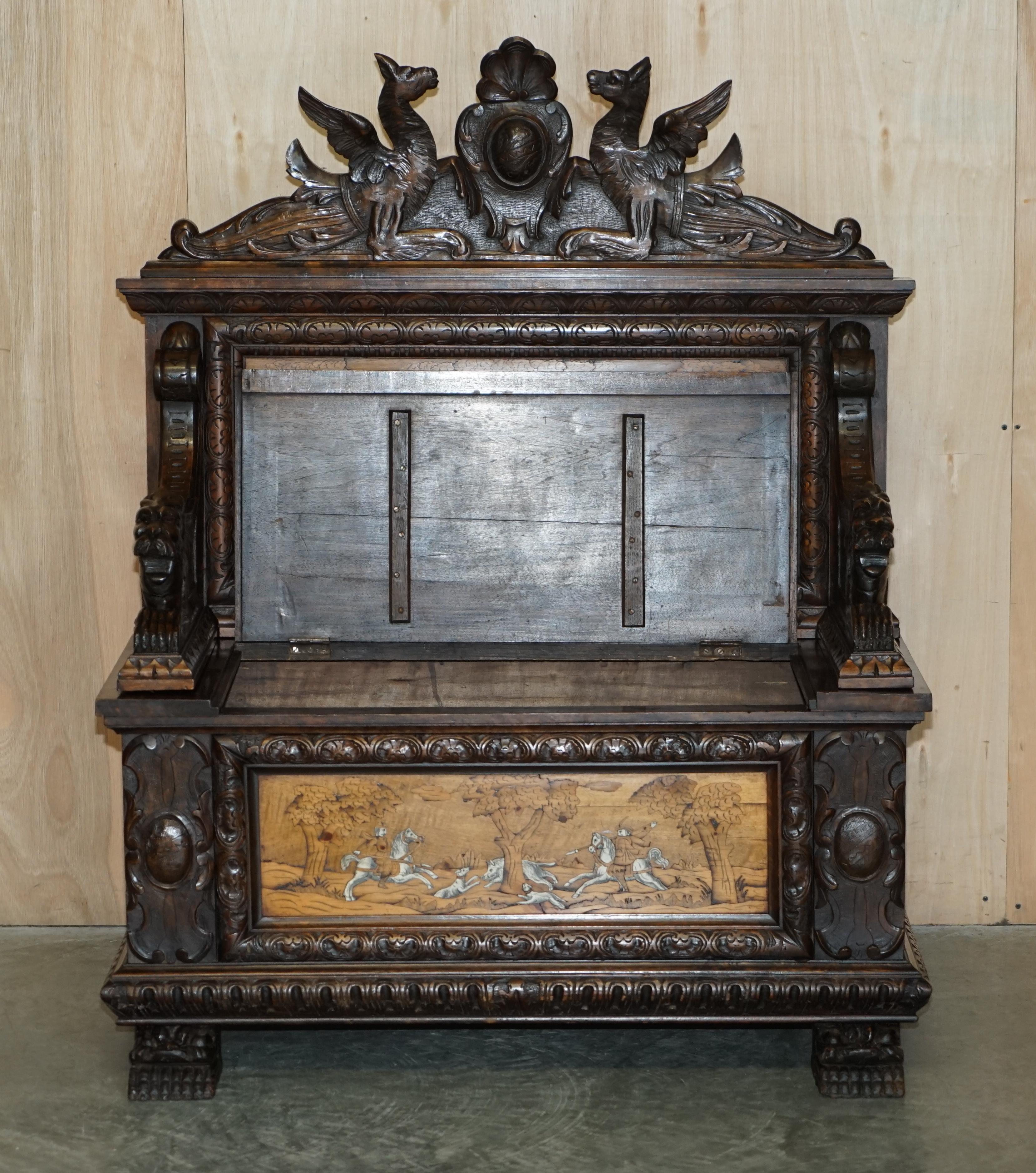 Antique Lion Griffon Carved Italian 1860 Monks Settle Bench Internal Storage For Sale 13