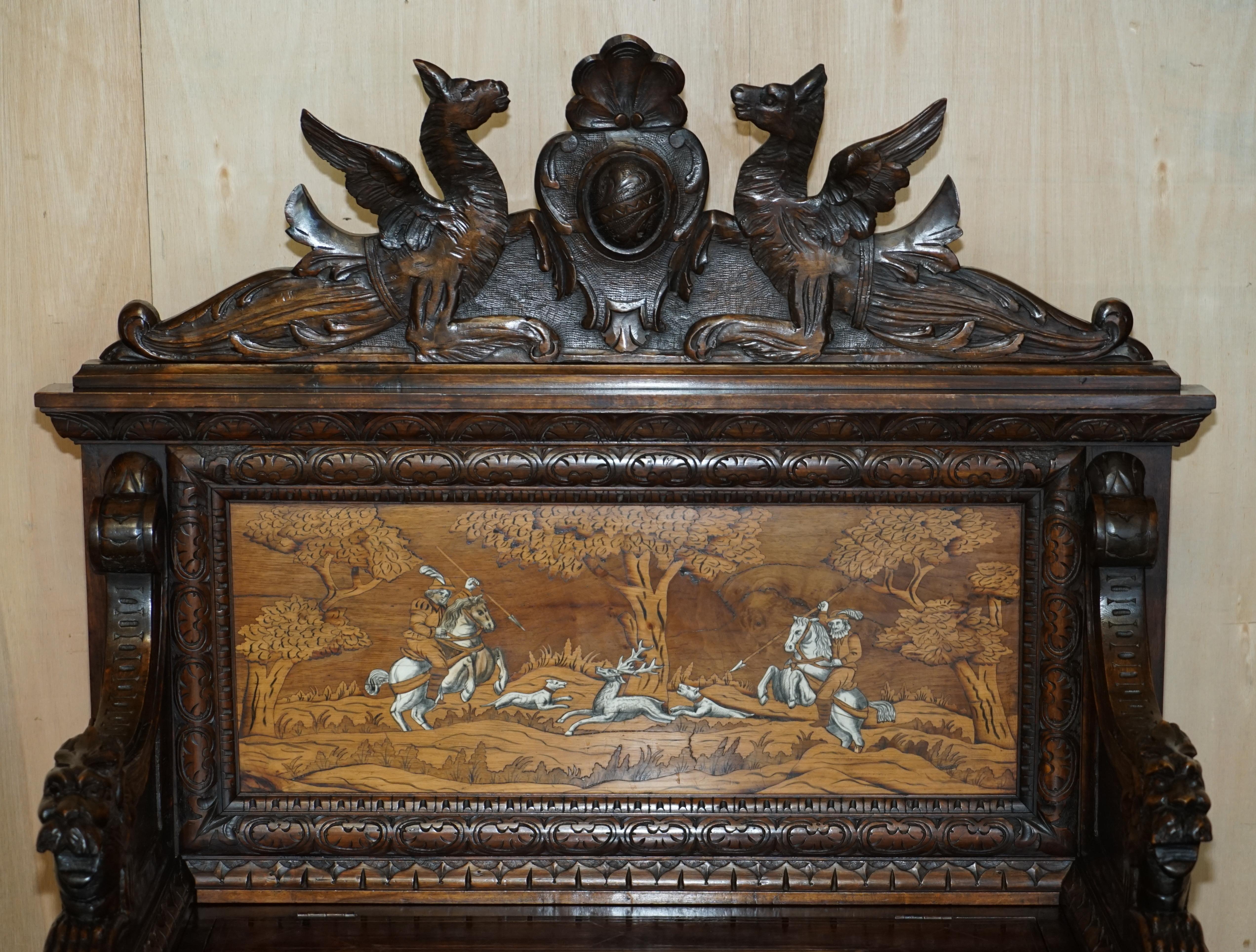High Victorian Antique Lion Griffon Carved Italian 1860 Monks Settle Bench Internal Storage For Sale