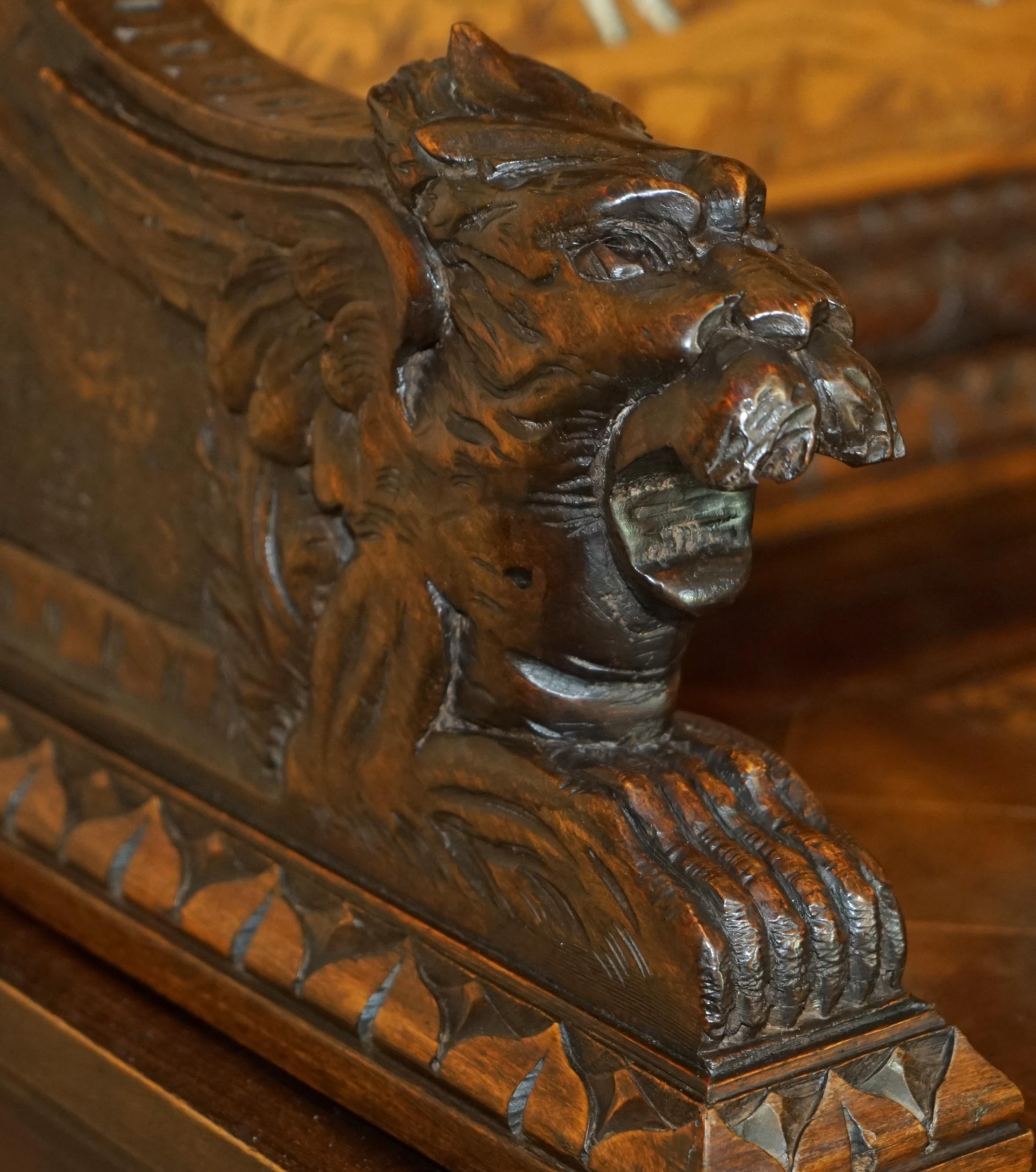 Antique Lion Griffon Carved Italian 1860 Monks Settle Bench Internal Storage For Sale 2