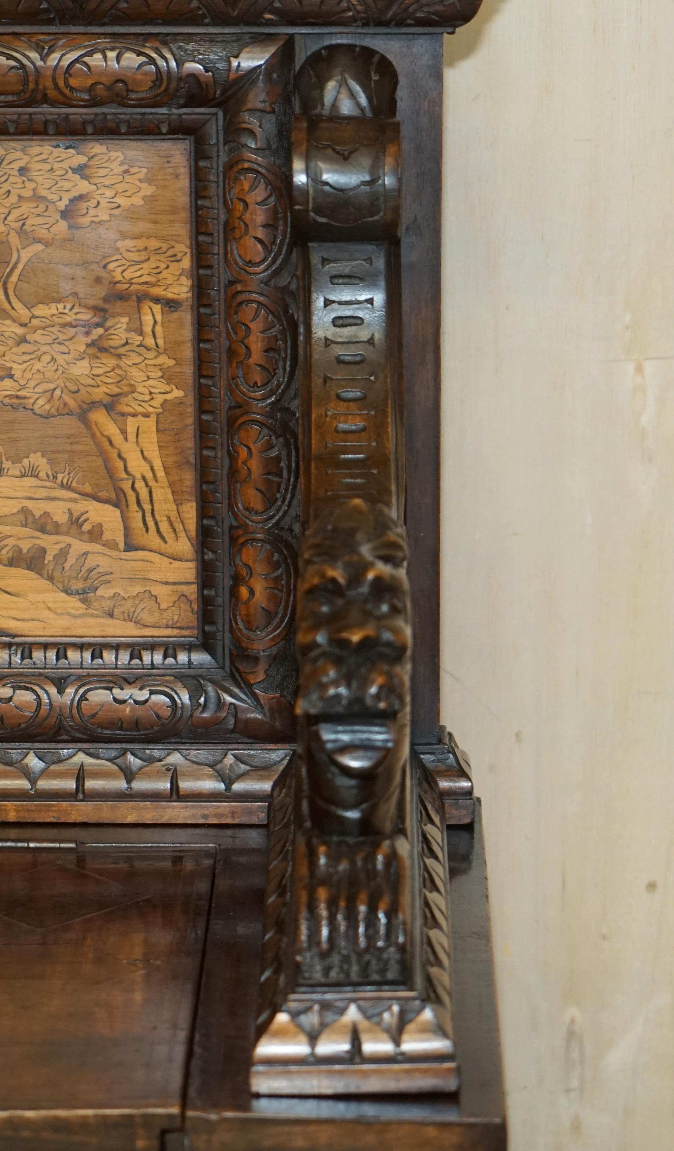 Antique Lion Griffon Carved Italian 1860 Monks Settle Bench Internal Storage For Sale 3
