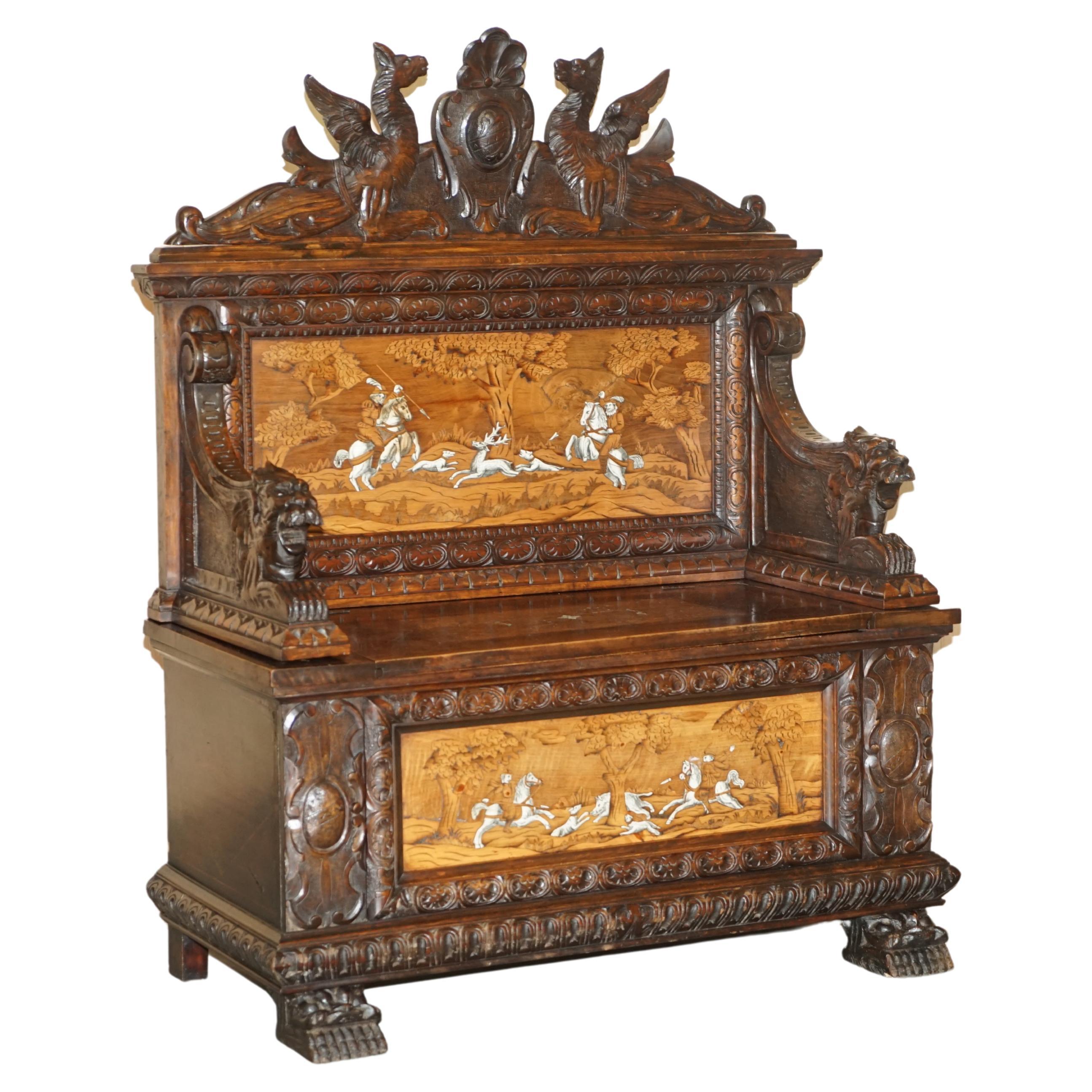 Antique Lion Griffon Carved Italian 1860 Monks Settle Bench Internal Storage