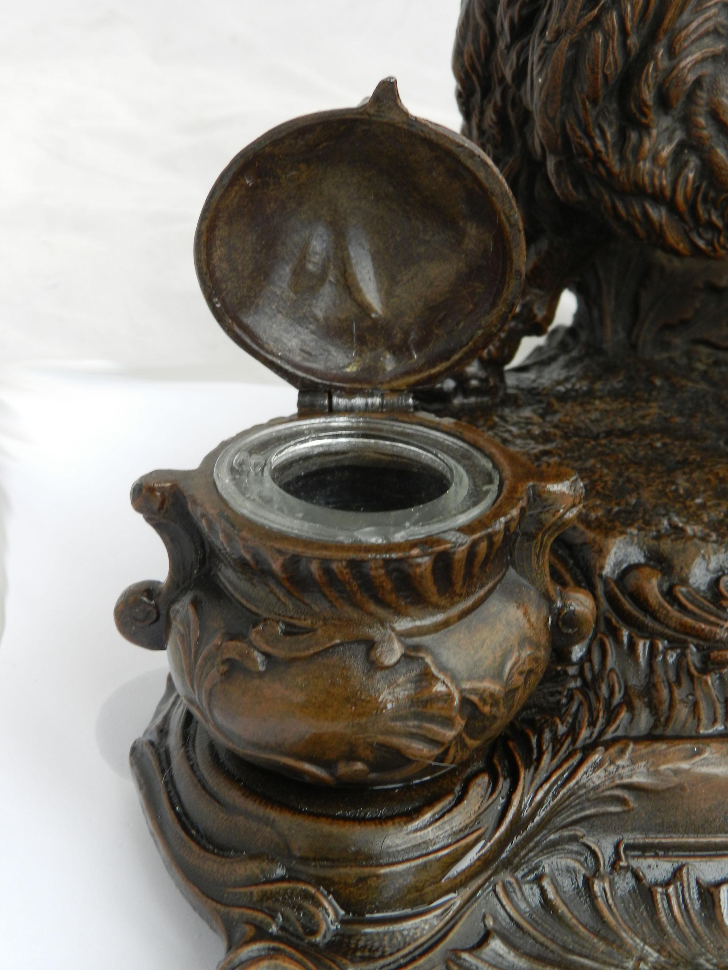 Neoclassical Antique Lion Inkwell Desk Inkstand Napoleon French c1890  For Sale