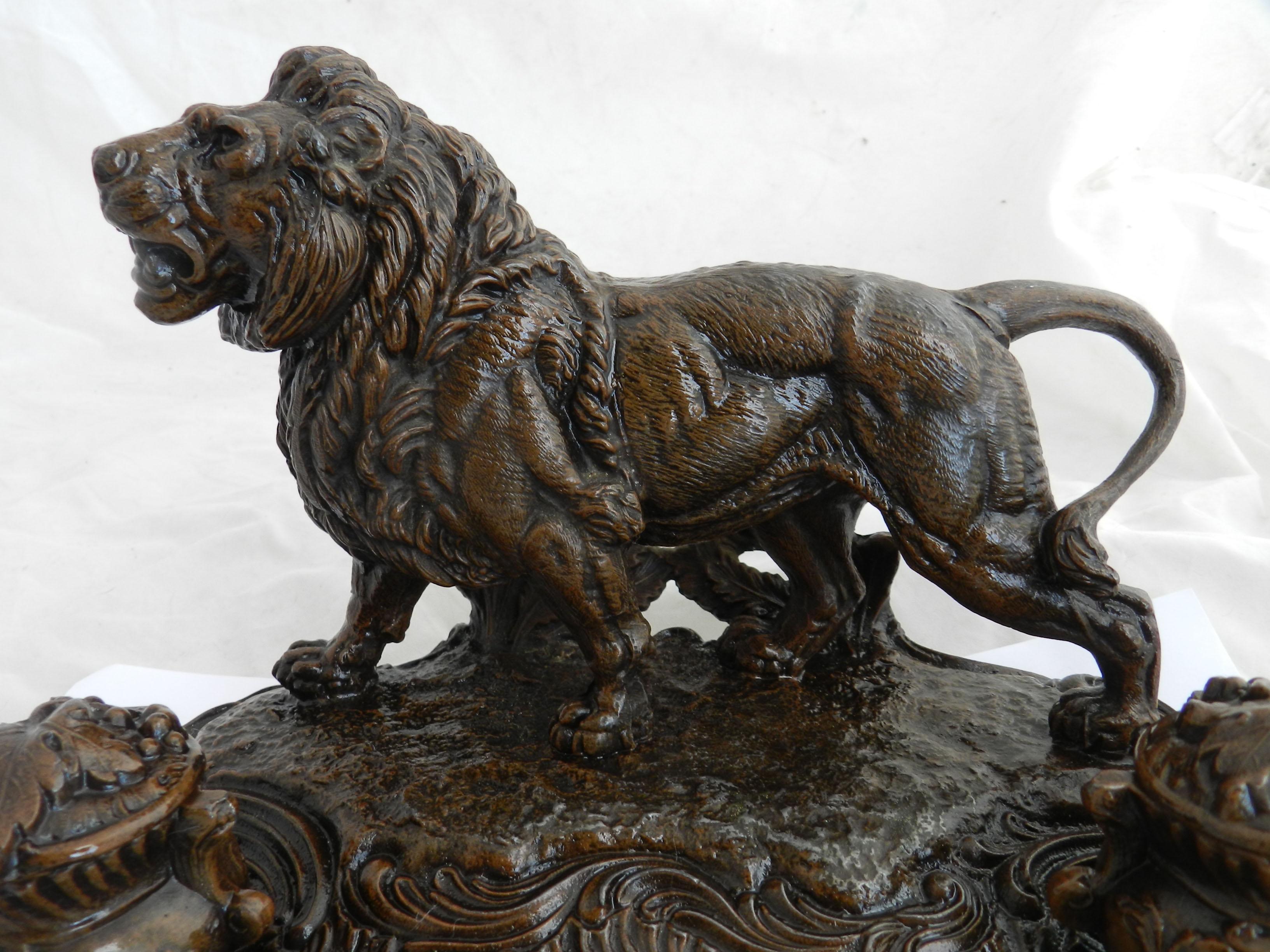 Late 19th Century Antique Lion Inkwell Desk Inkstand Napoleon French c1890  For Sale