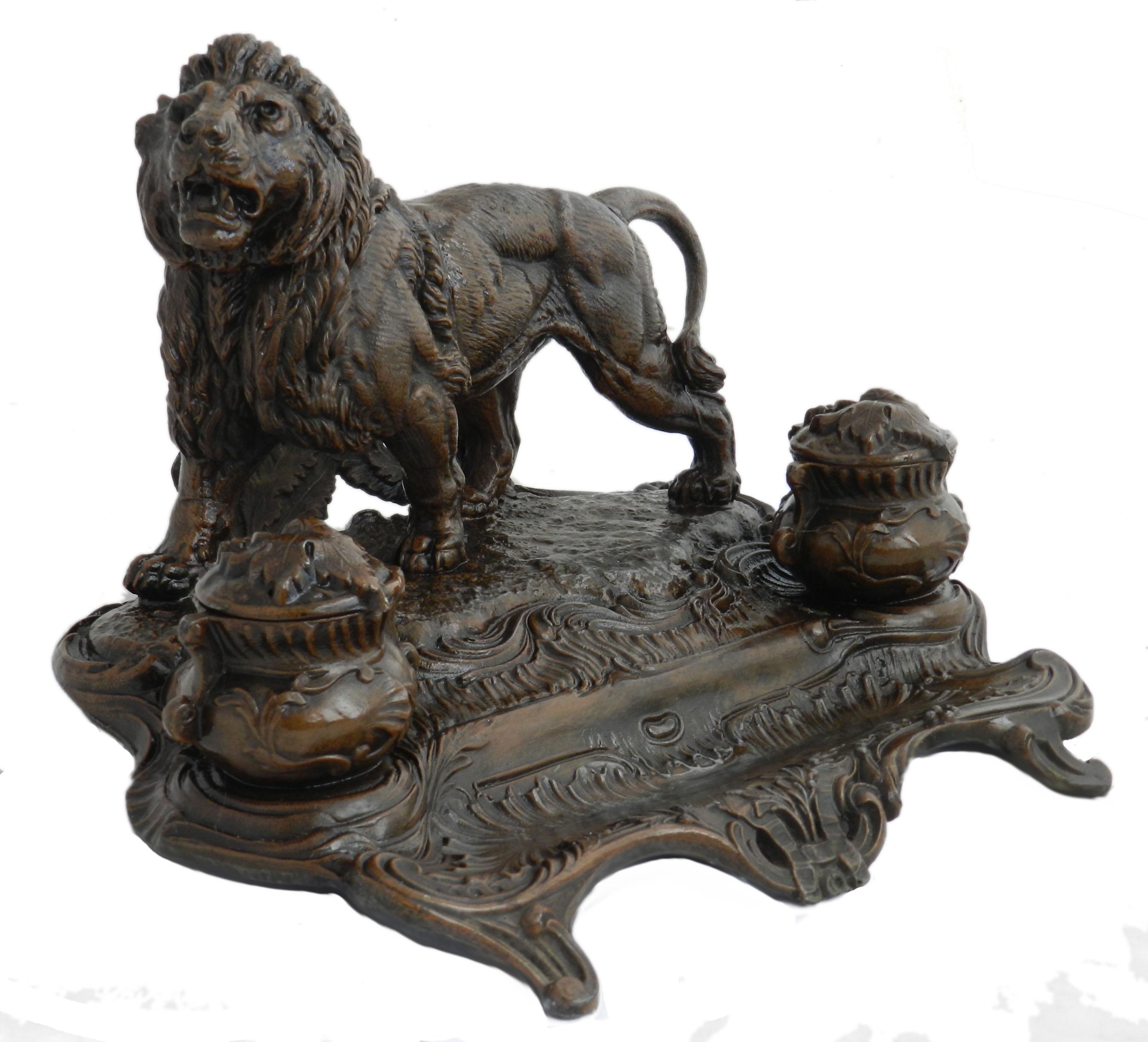 Bronze Antique Lion Inkwell Desk Inkstand Napoleon French c1890  For Sale
