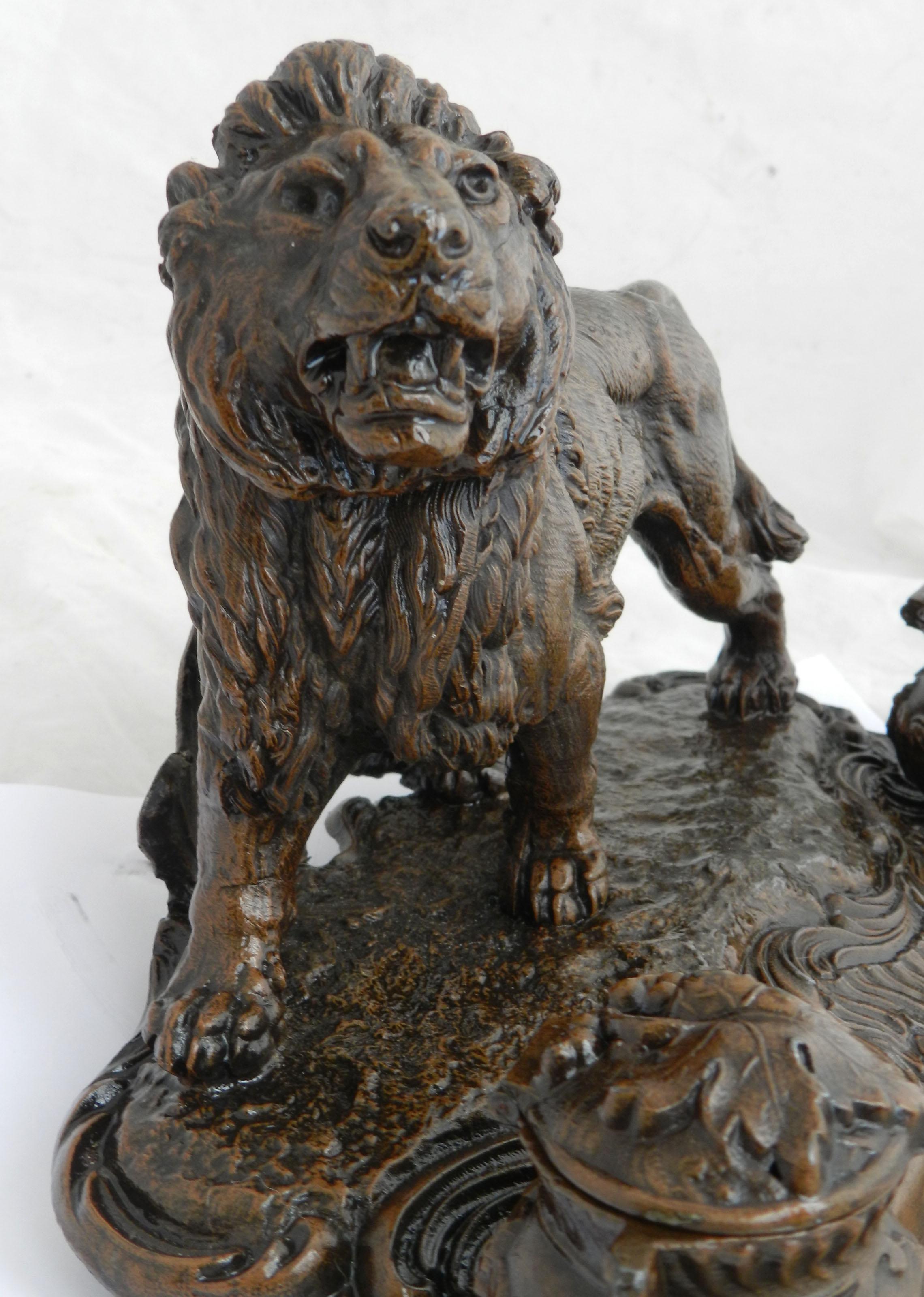 Antique Lion Inkwell Desk Inkstand Napoleon French c1890  For Sale 2