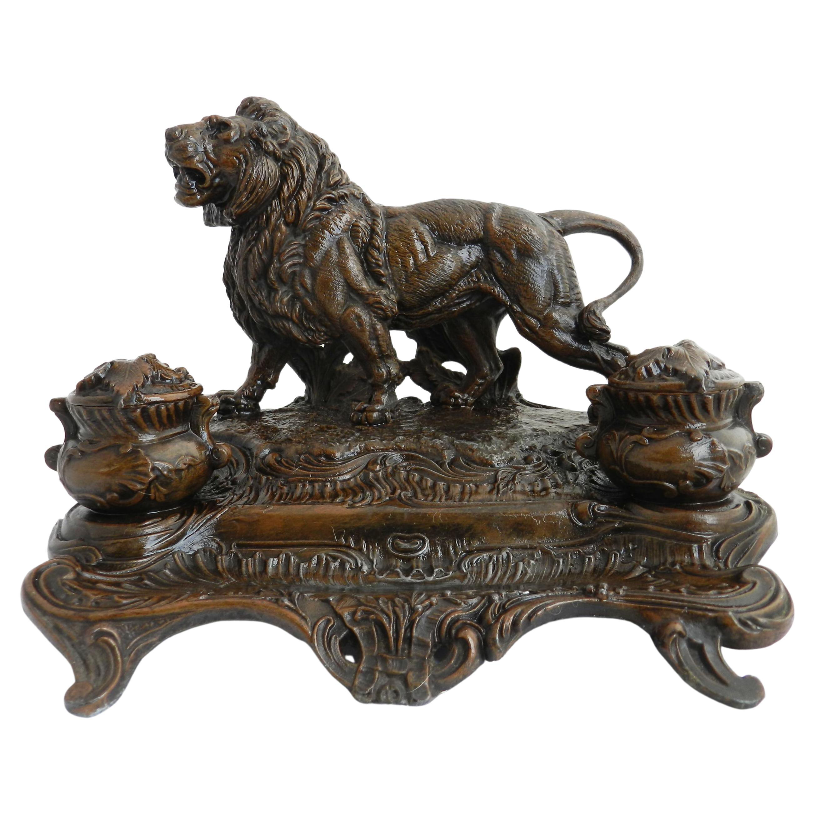 Antique Lion Inkwell Desk Inkstand Napoleon French c1890  For Sale