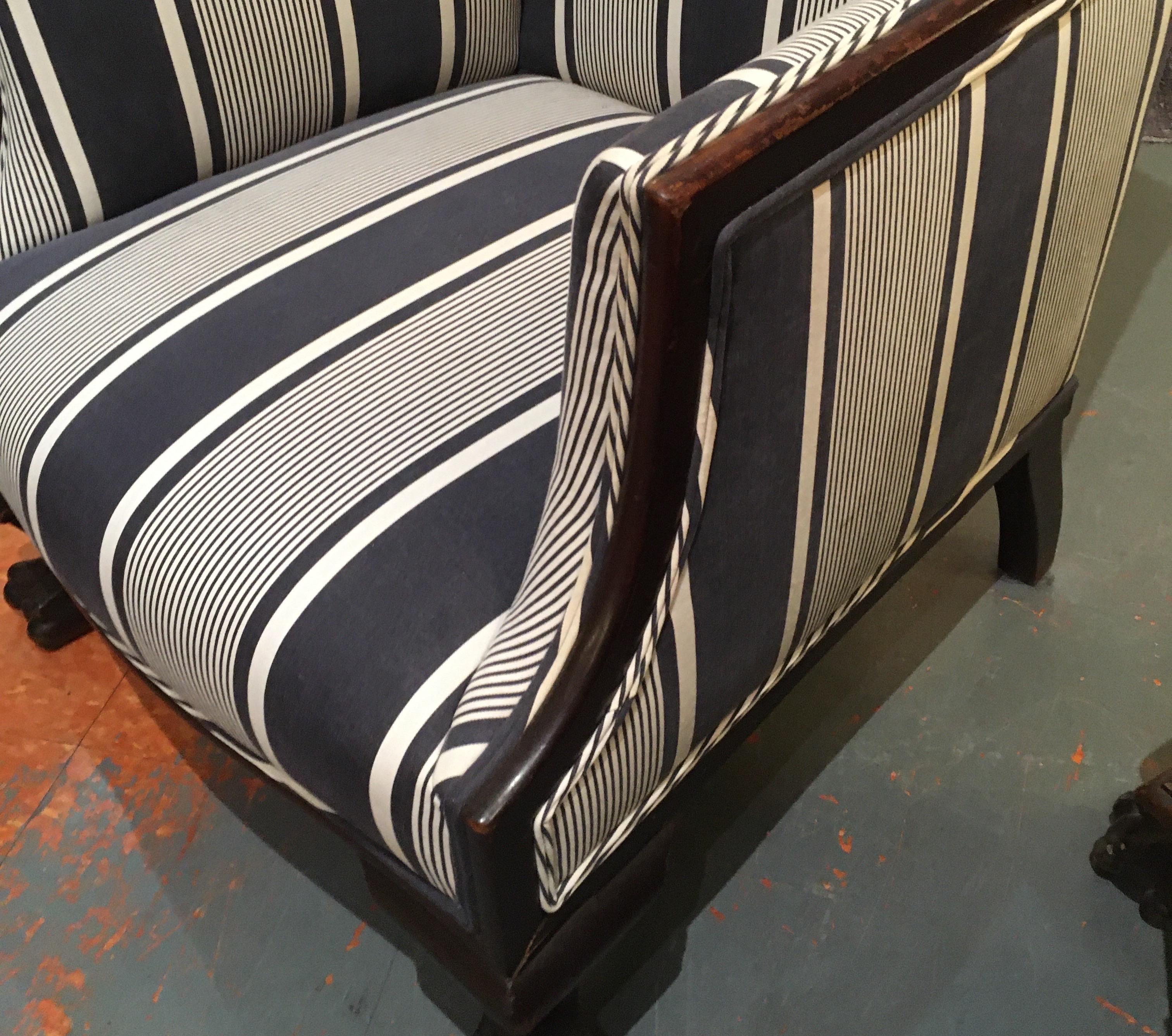 Antique Lion Paw Armchair in French Stripe Fabric In Good Condition In Seattle, WA