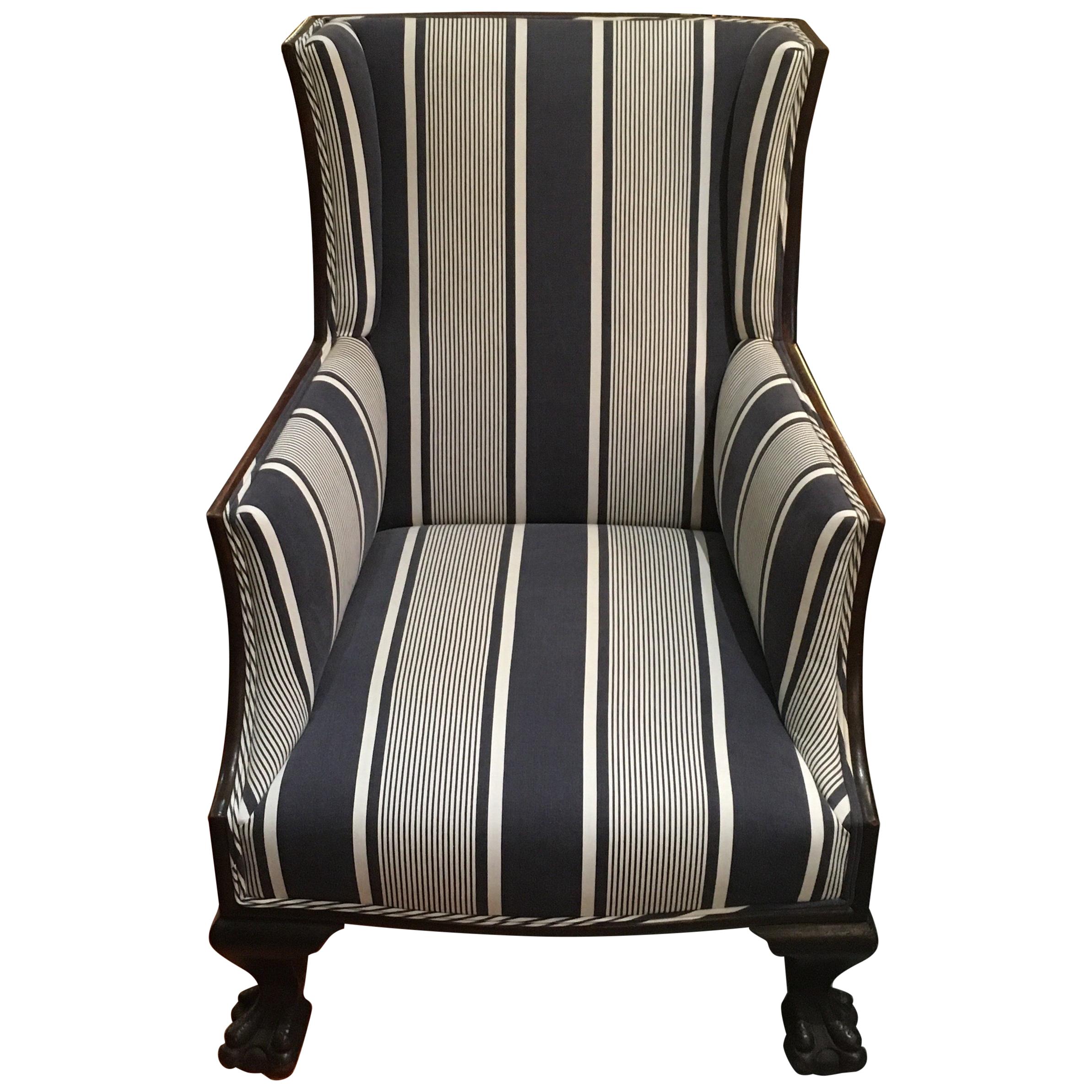 Antique Lion Paw Armchair in French Stripe Fabric