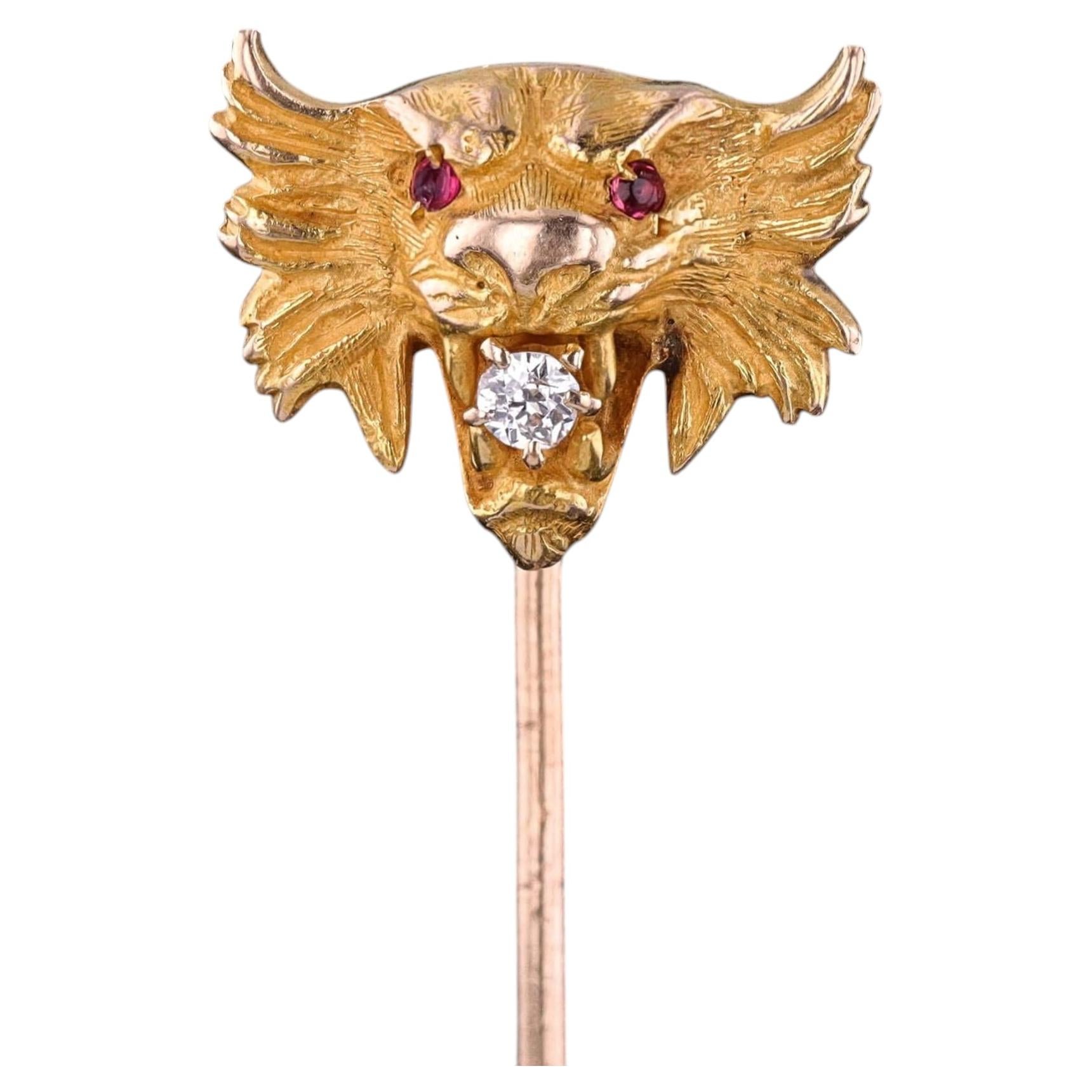 Antica spilla a forma di leone in oro 10k con diamante, CIRCA 1900