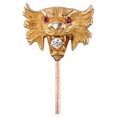 Antique Lion Stickpin of 10k Gold with Diamond, Circa 1900