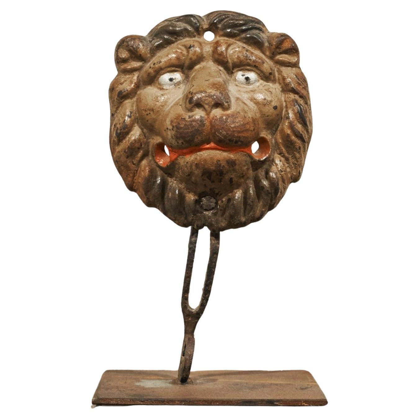 Antique Lion's Head in Polychrome and Cast Iron on Stand