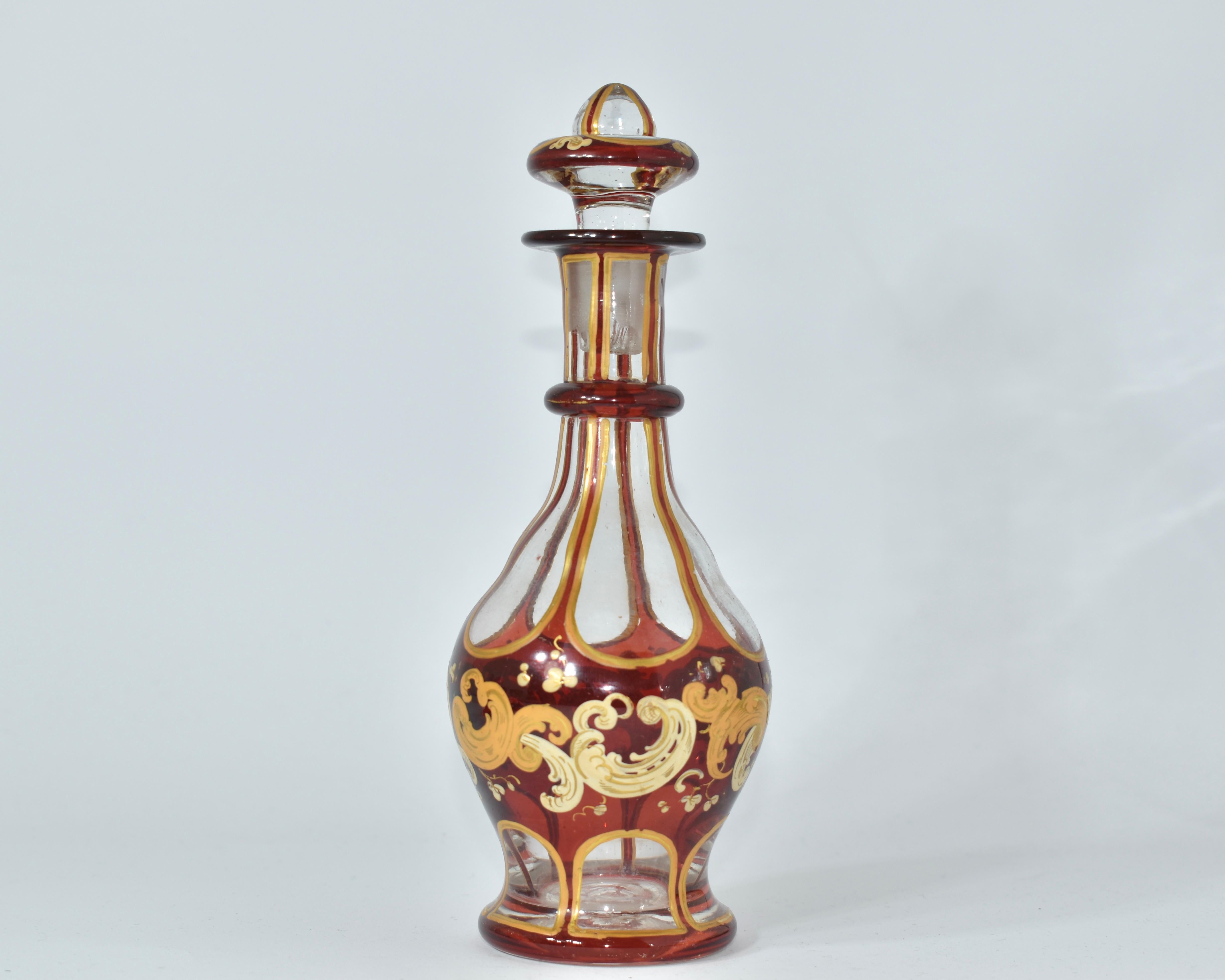 Blown Glass Antique Liqueur Set, Bohemian Ruby Red Enameled Glass, 19th Century For Sale