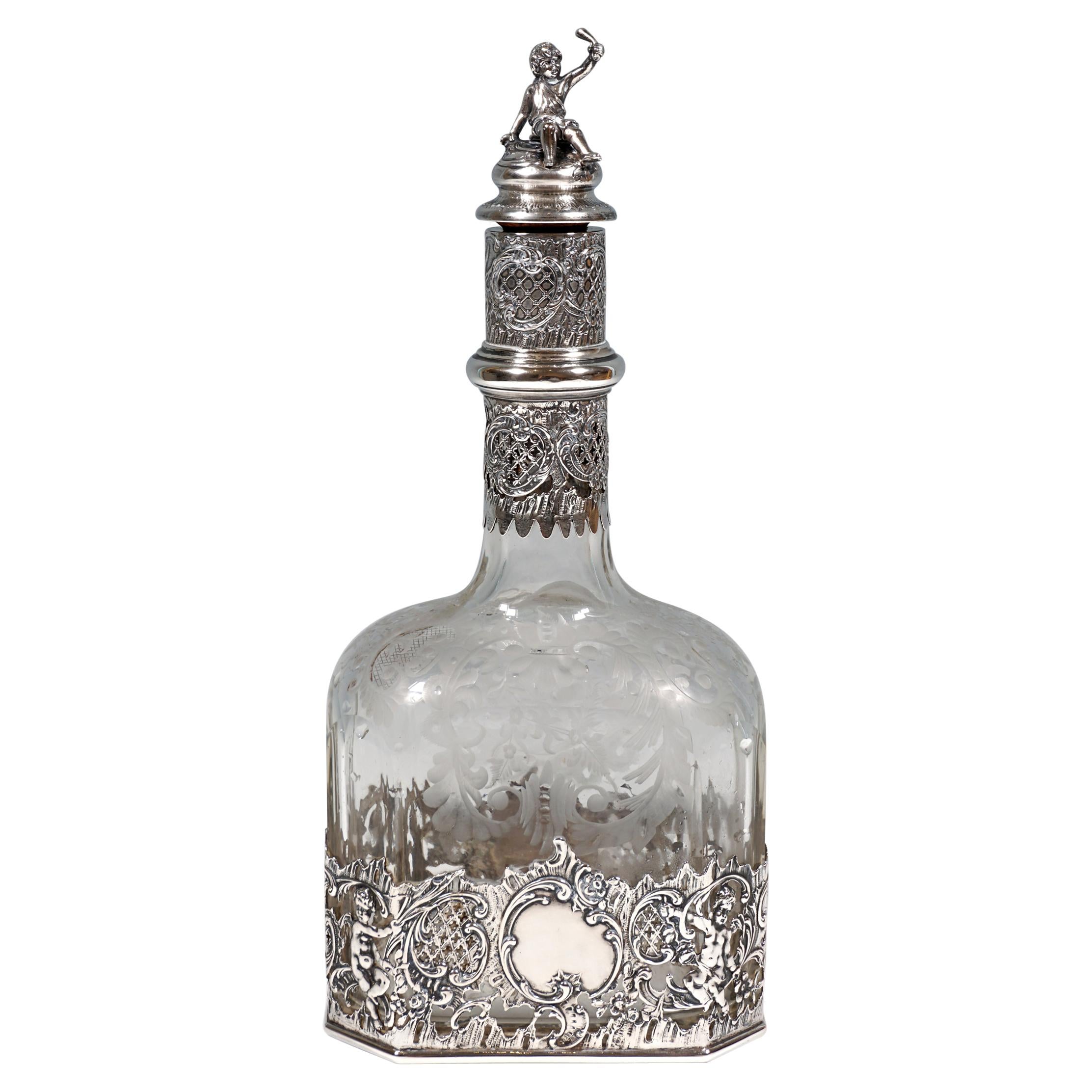 Antique Liquor Bottle with Rich Decoration and Silver Mount, France, around 1890