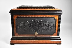 Antique Liquor Tantalus Box Oak With Guta Percha Images Cut Crystal Stemware