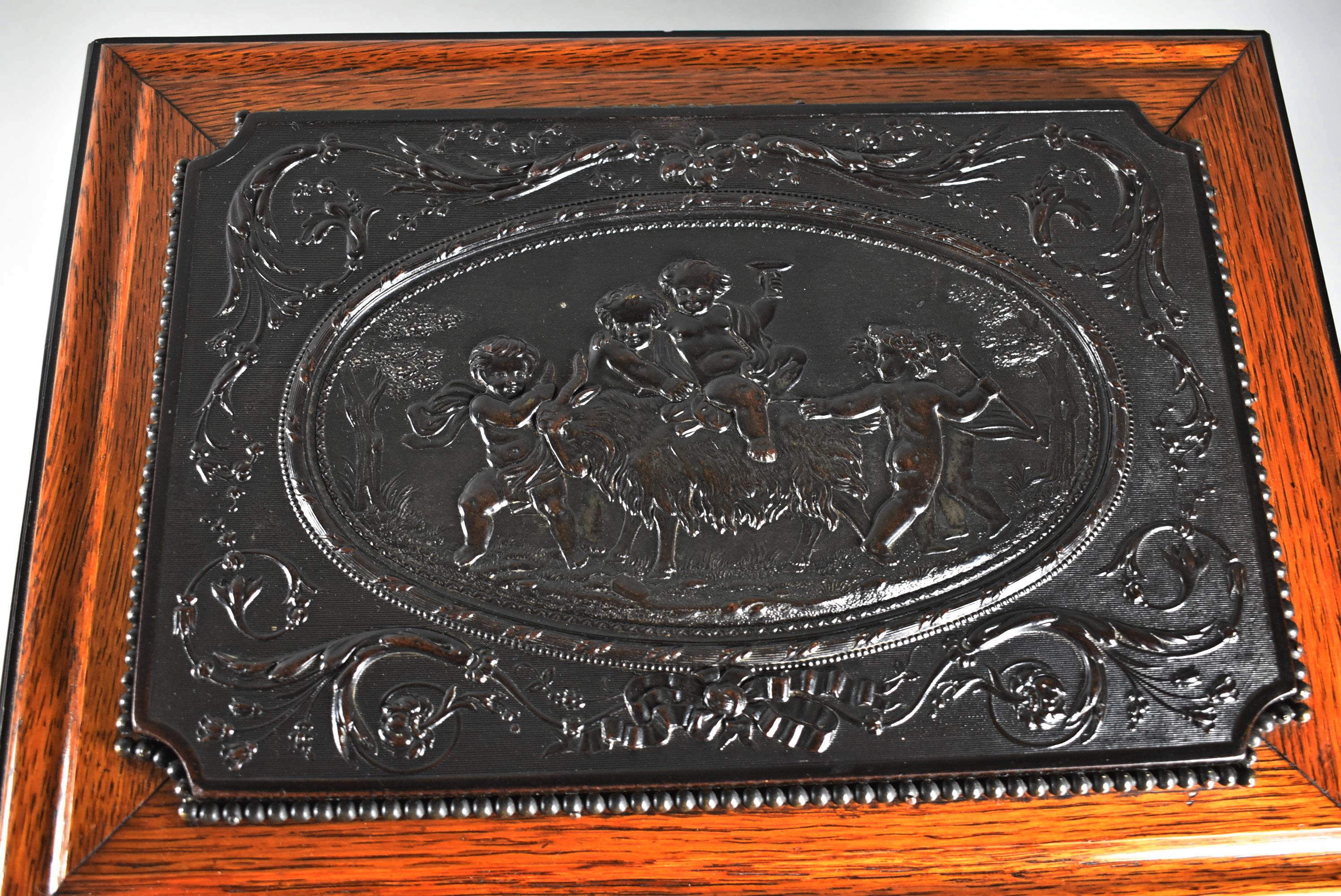 Antique Liquor Tantalus Box Oak With Guta Percha Images Cut Crystal Stemware (19. Jahrhundert) im Angebot