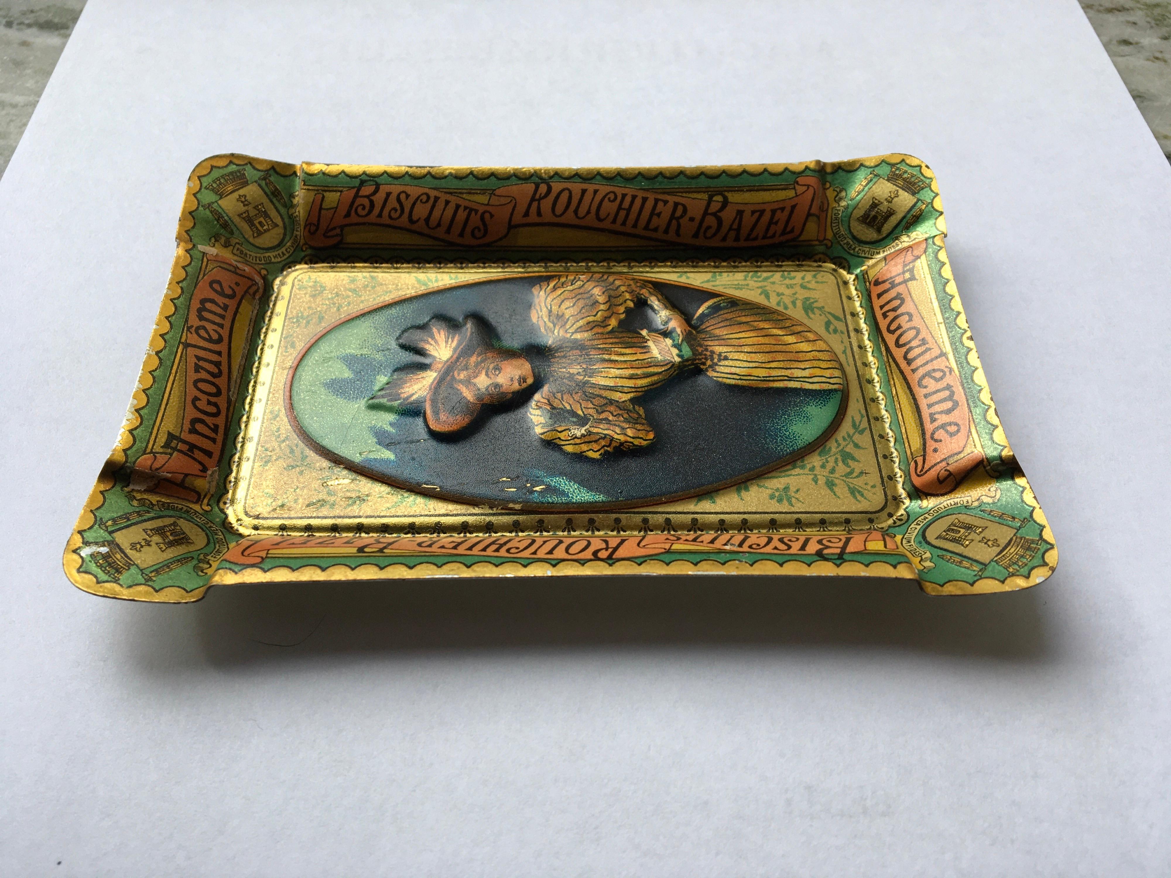 Antique Litho Tin Tray or Ashtray for Biscuits Rouchier Bazel France, circa 1900 5