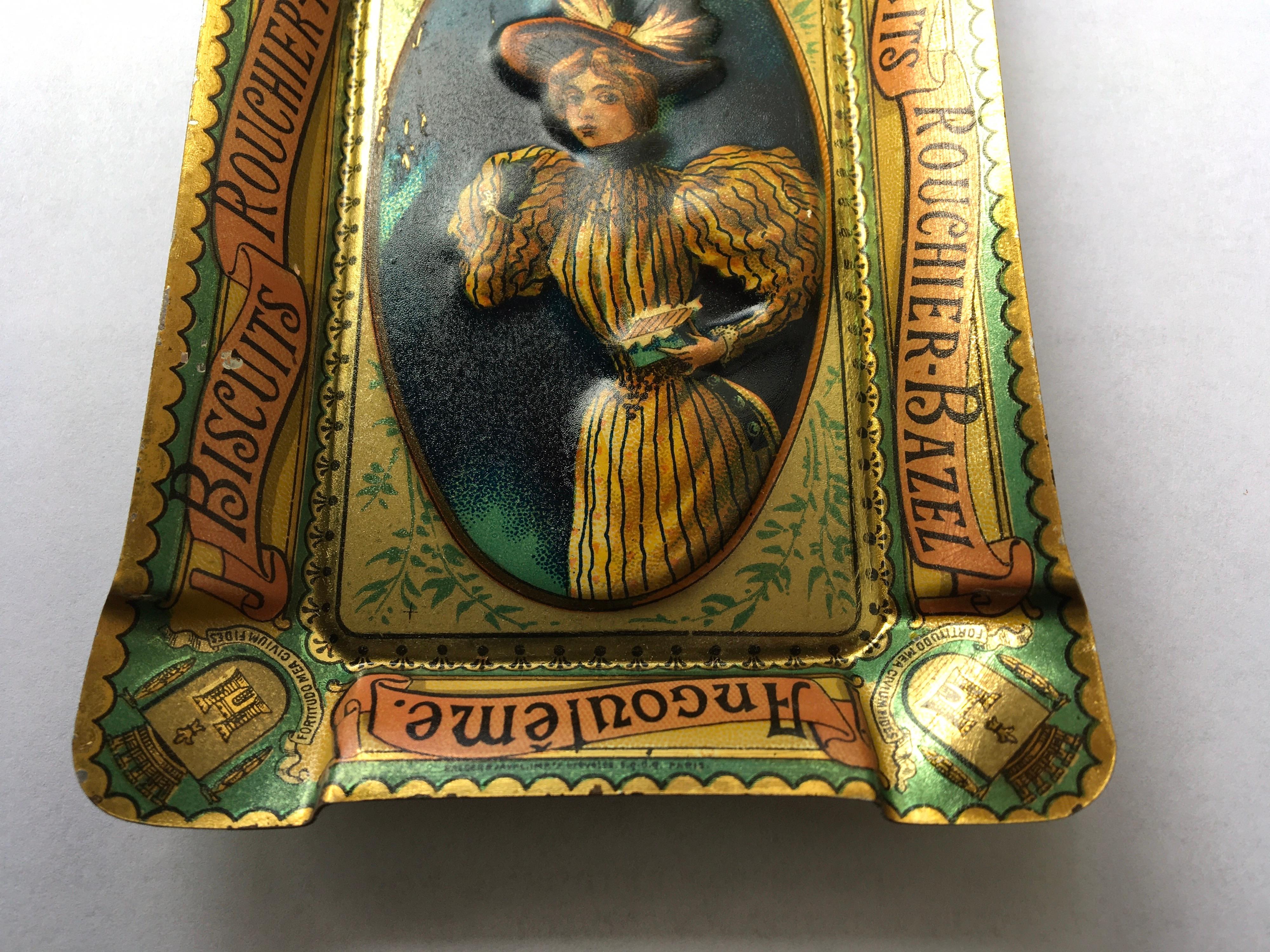 Art Nouveau Antique Litho Tin Tray or Ashtray for Biscuits Rouchier Bazel France, circa 1900