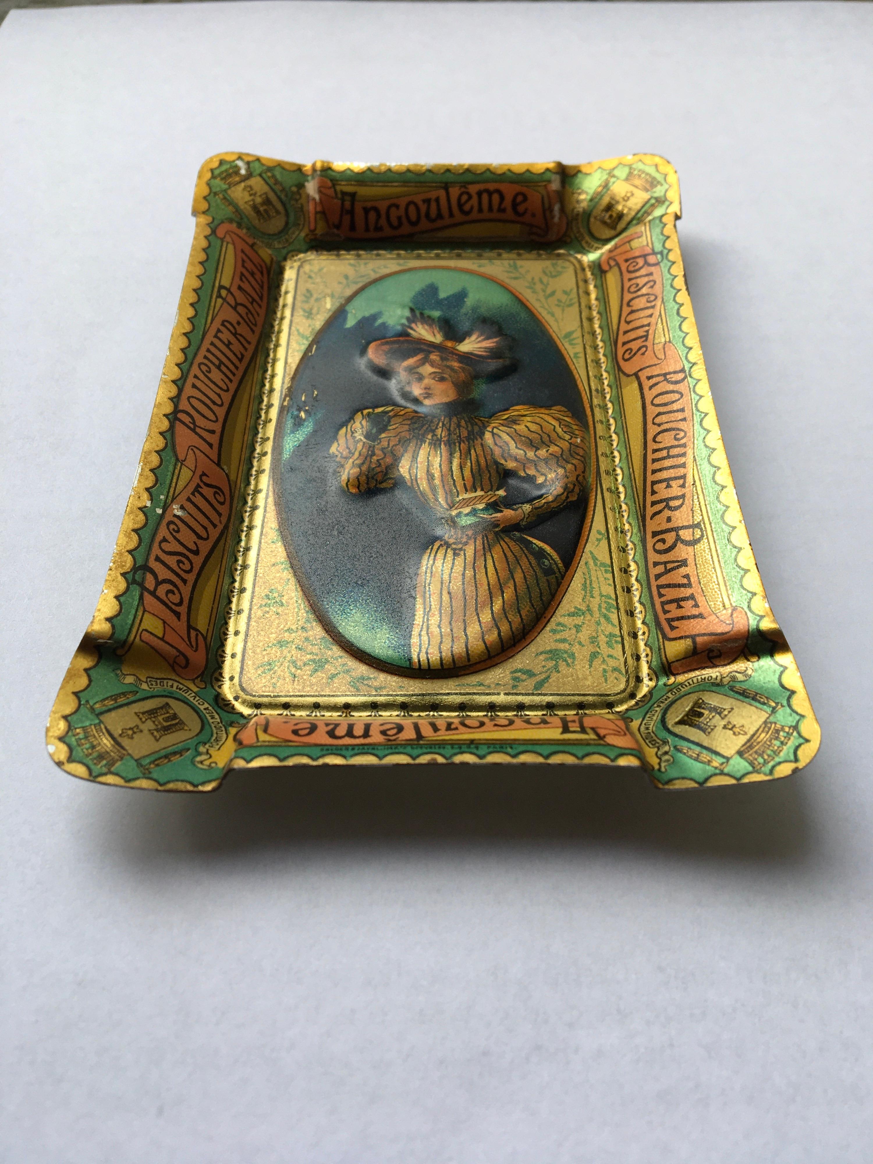 French Antique Litho Tin Tray or Ashtray for Biscuits Rouchier Bazel France, circa 1900