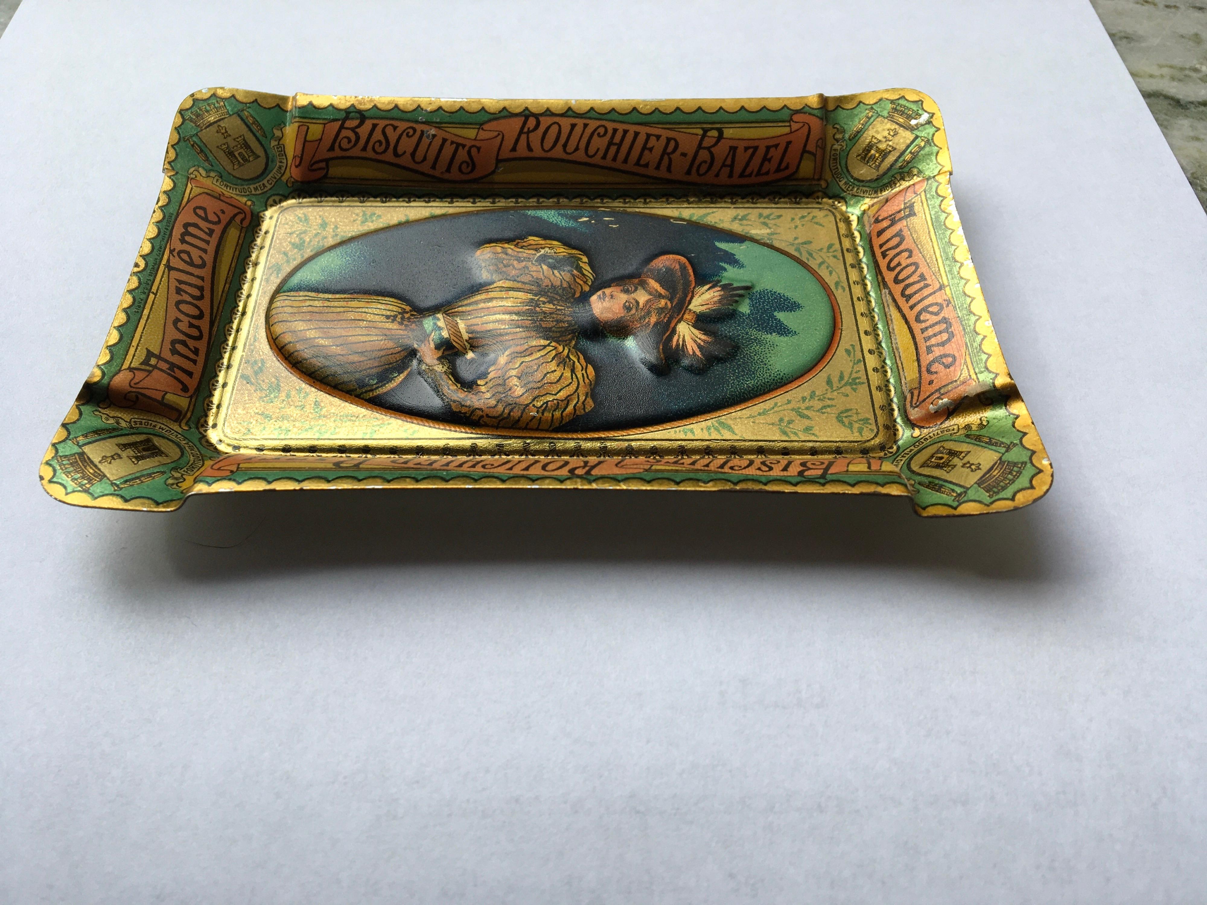 20th Century Antique Litho Tin Tray or Ashtray for Biscuits Rouchier Bazel France, circa 1900