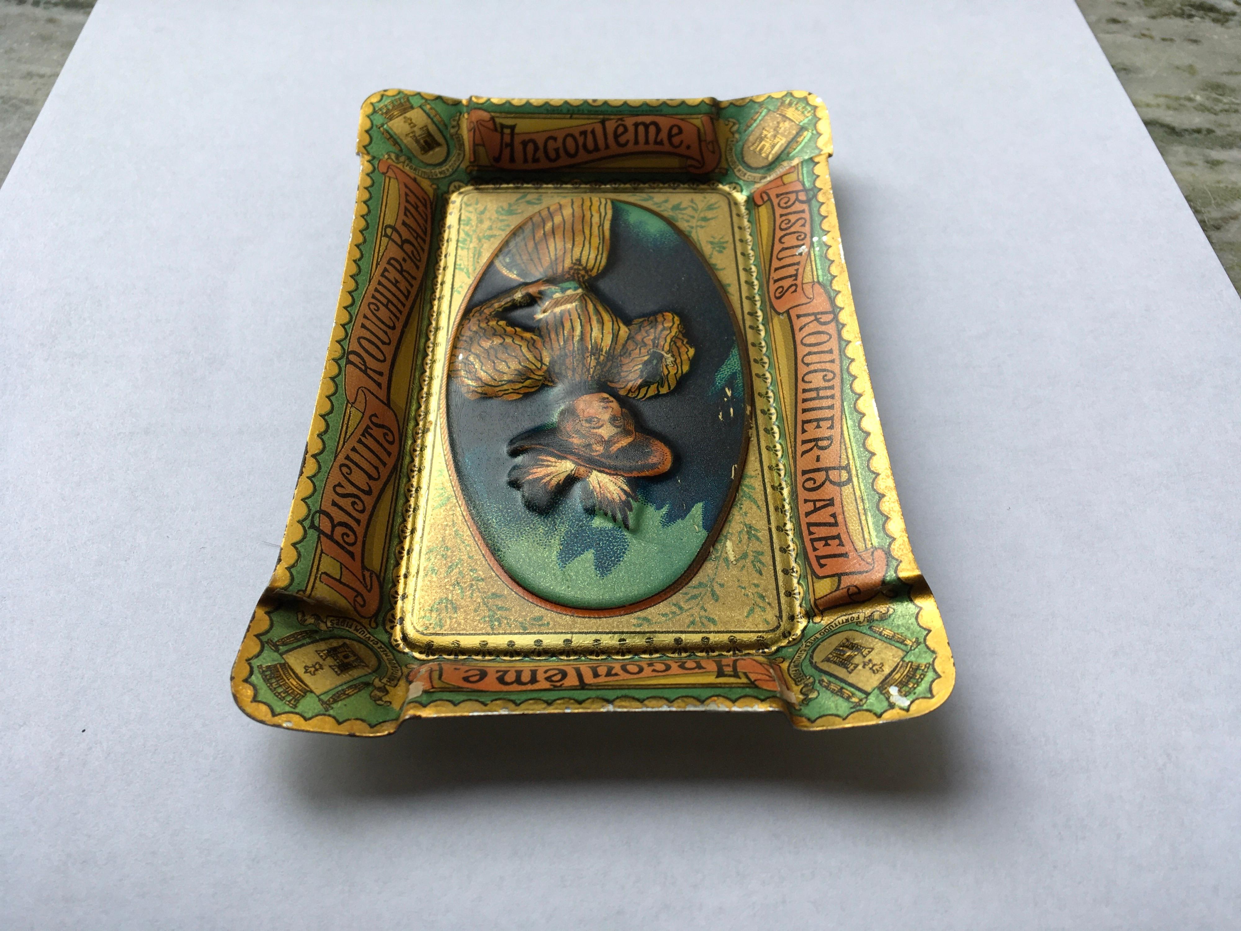 Antique Litho Tin Tray or Ashtray for Biscuits Rouchier Bazel France, circa 1900 1