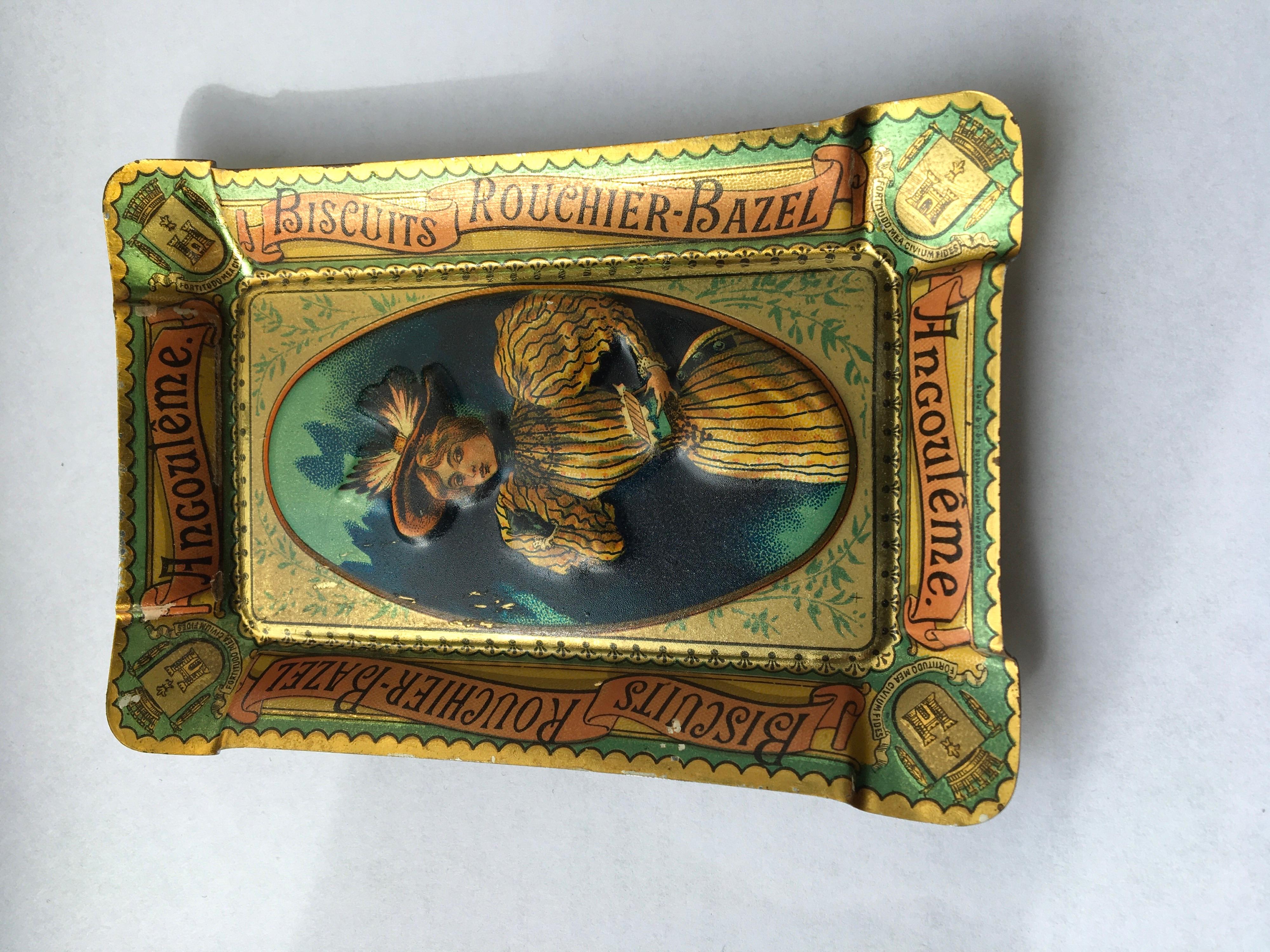 Antique Litho Tin Tray or Ashtray for Biscuits Rouchier Bazel France, circa 1900 3