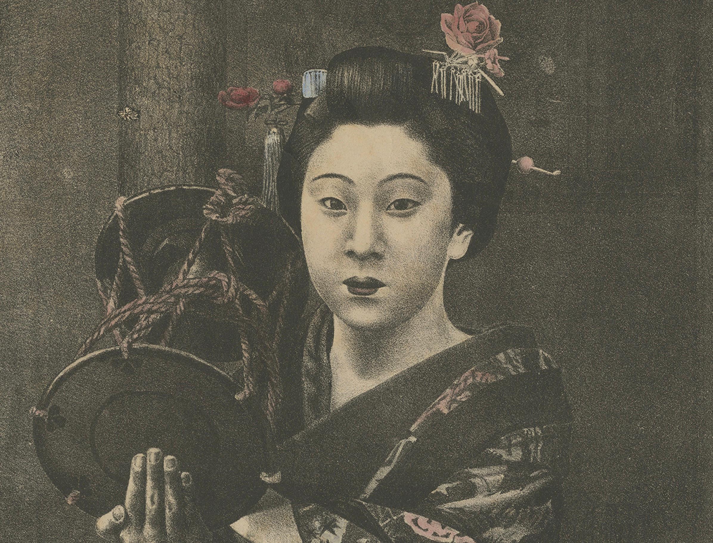 XIXe siècle Lithographie ancienne : Kyoto Geisha avec instruments traditionnels, fin du 19e siècle en vente