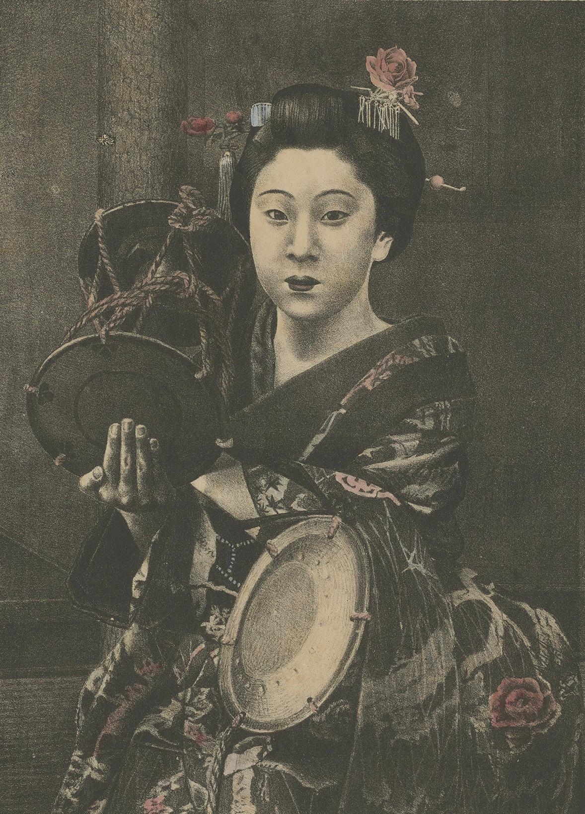 Papier Lithographie ancienne : Kyoto Geisha avec instruments traditionnels, fin du 19e siècle en vente