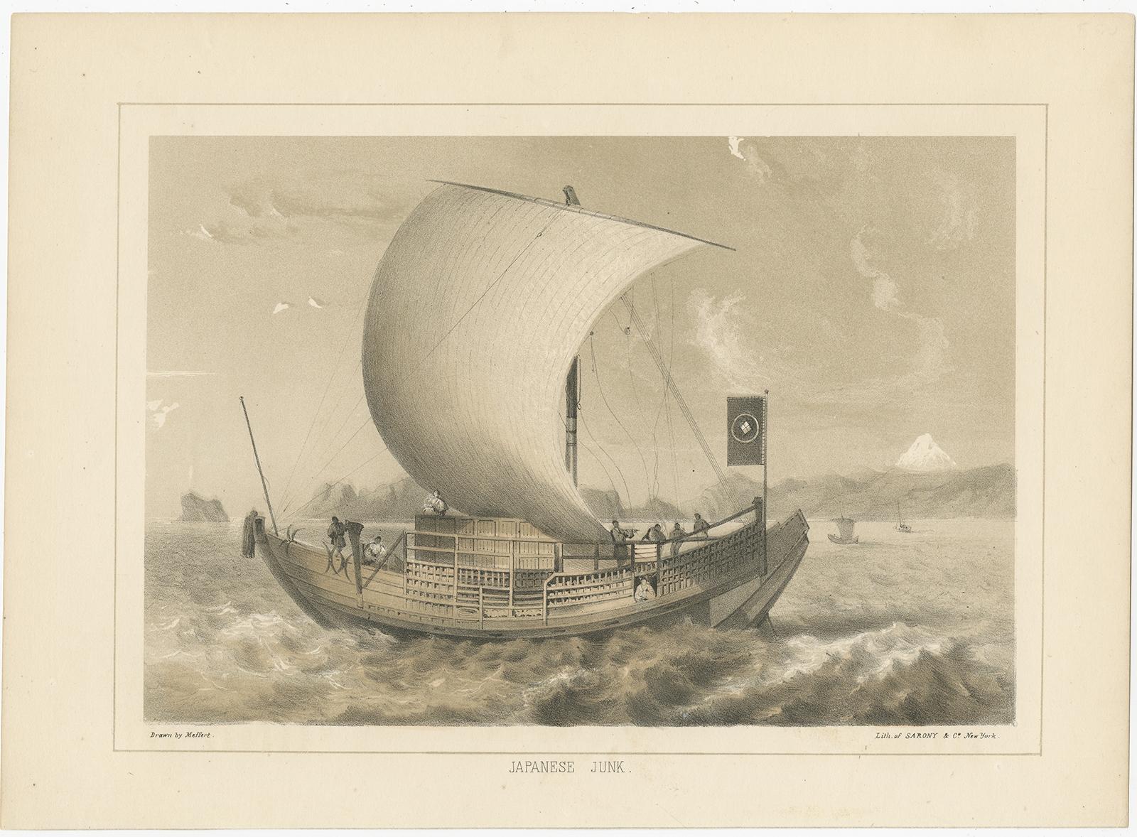 Antique print titled ‘Japanese Junk'. 

Lithograph of a Japanese junk, a type of sailing ship. This print originates from 'Narrative of the expedition of an American squadron to the China seas and Japan, performed in the years 1852, 1853, and