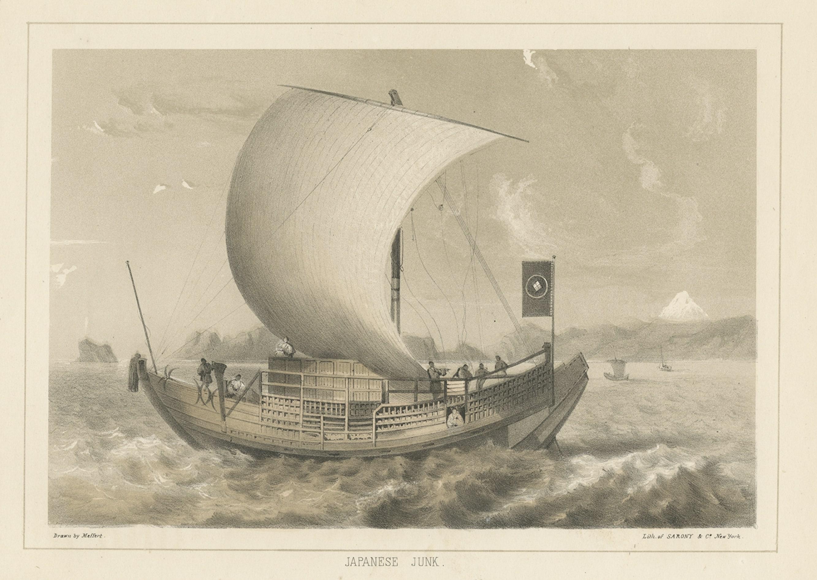 Antike Lithographie einer japanischen Junk, eine Art von Segelschiff, 1856 im Zustand „Gut“ im Angebot in Langweer, NL