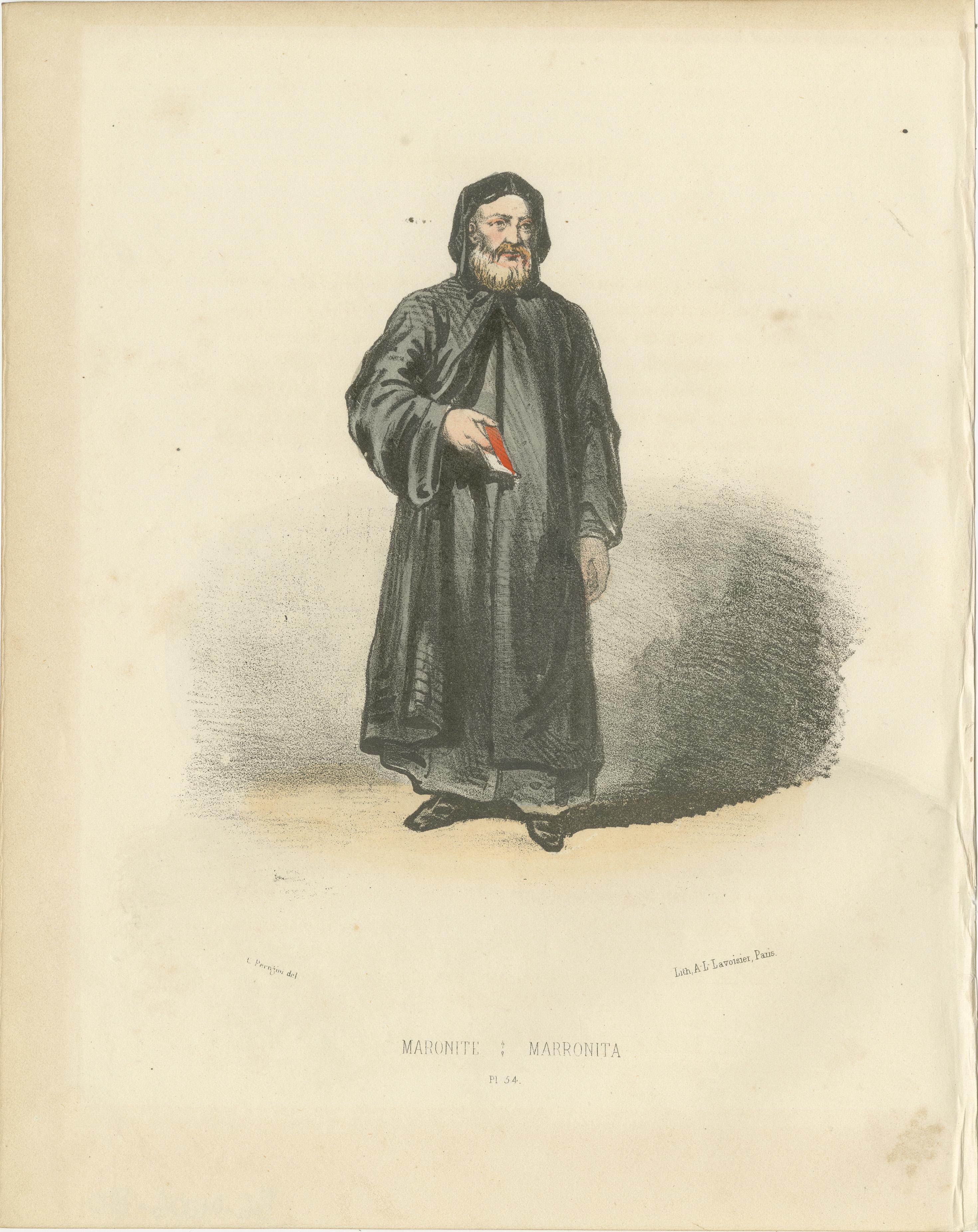 Maronite Priest: Custodian of Tradition and Faith, Plate 54  

This vibrant lithograph portrays a Maronite priest, garbed in traditional black robes, emblematic of his solemn devotion and monastic roots. The figure holds a small red book, likely a