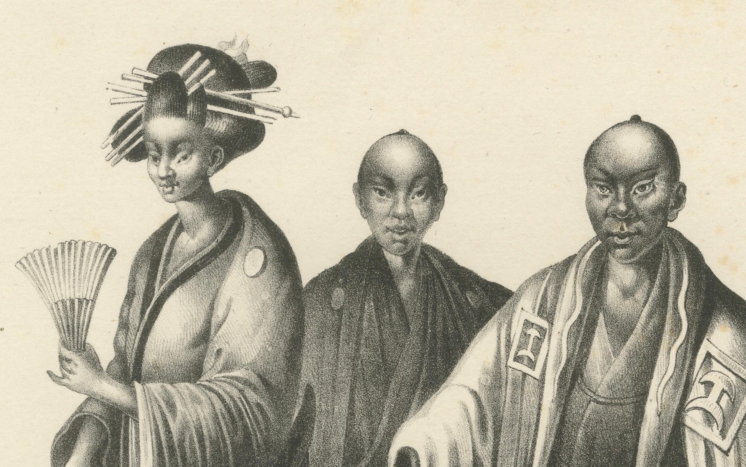 Gravé Lithographie ancienne de personnages chinois en costume traditionnel, Brodtmann 1827 en vente