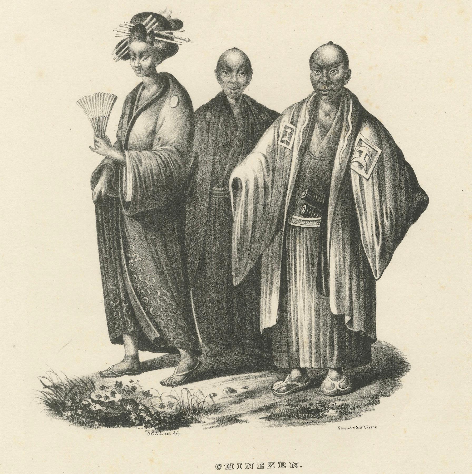Lithographie ancienne de personnages chinois en costume traditionnel, Brodtmann 1827 Bon état - En vente à Langweer, NL
