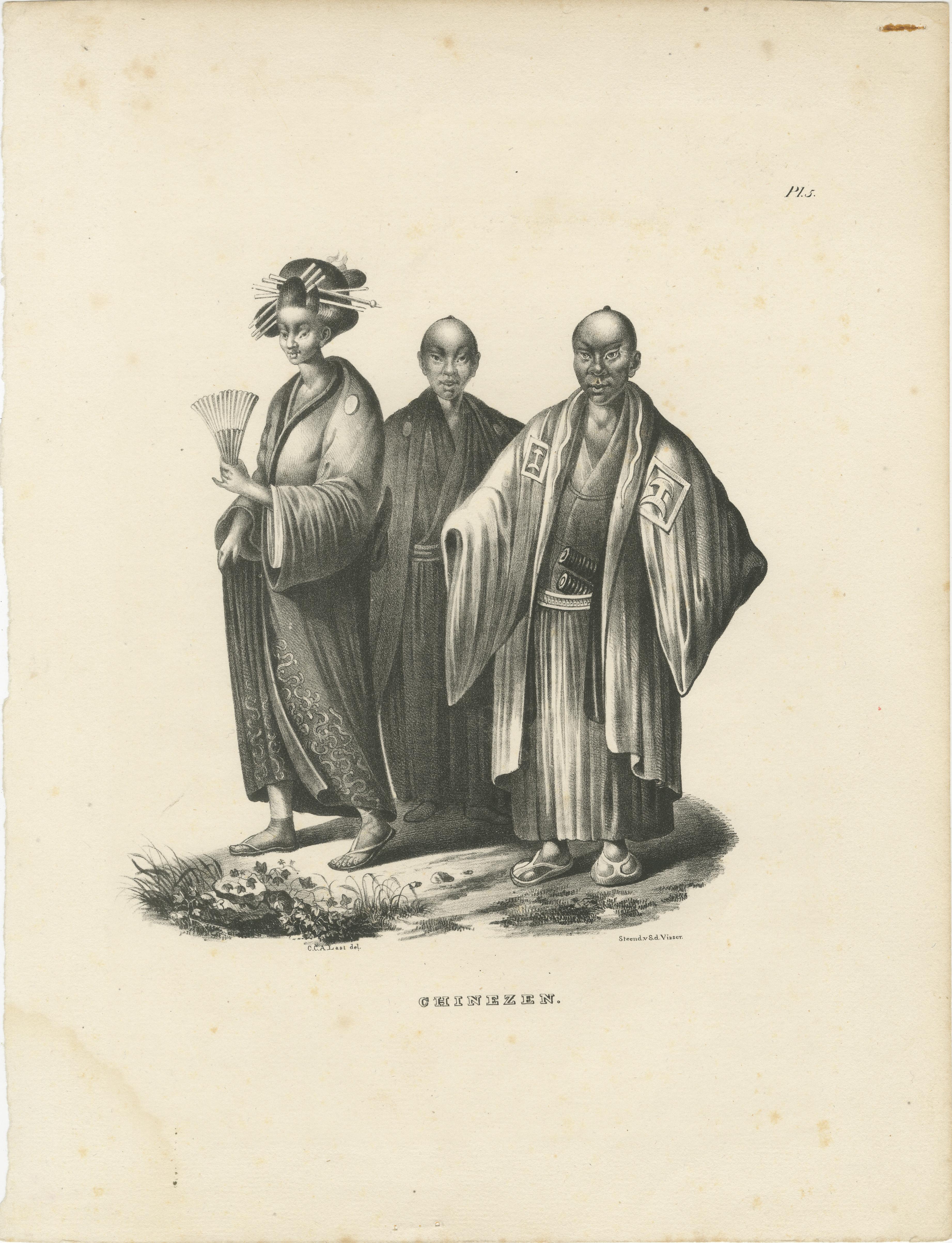 Papier Lithographie ancienne de personnages chinois en costume traditionnel, Brodtmann 1827 en vente