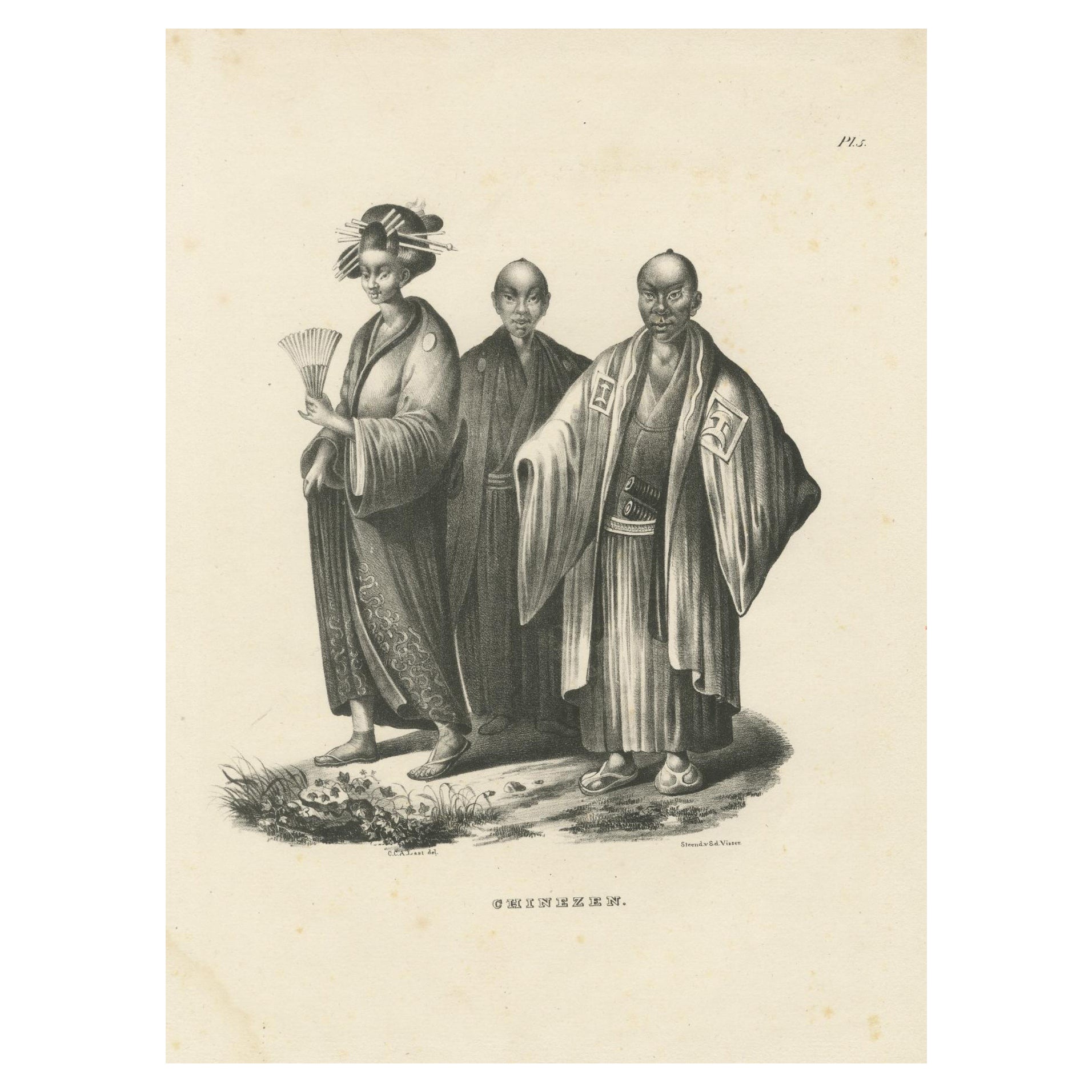 Lithographie ancienne de personnages chinois en costume traditionnel, Brodtmann 1827 en vente