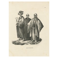 Lithographie ancienne de personnages chinois en costume traditionnel, Brodtmann 1827