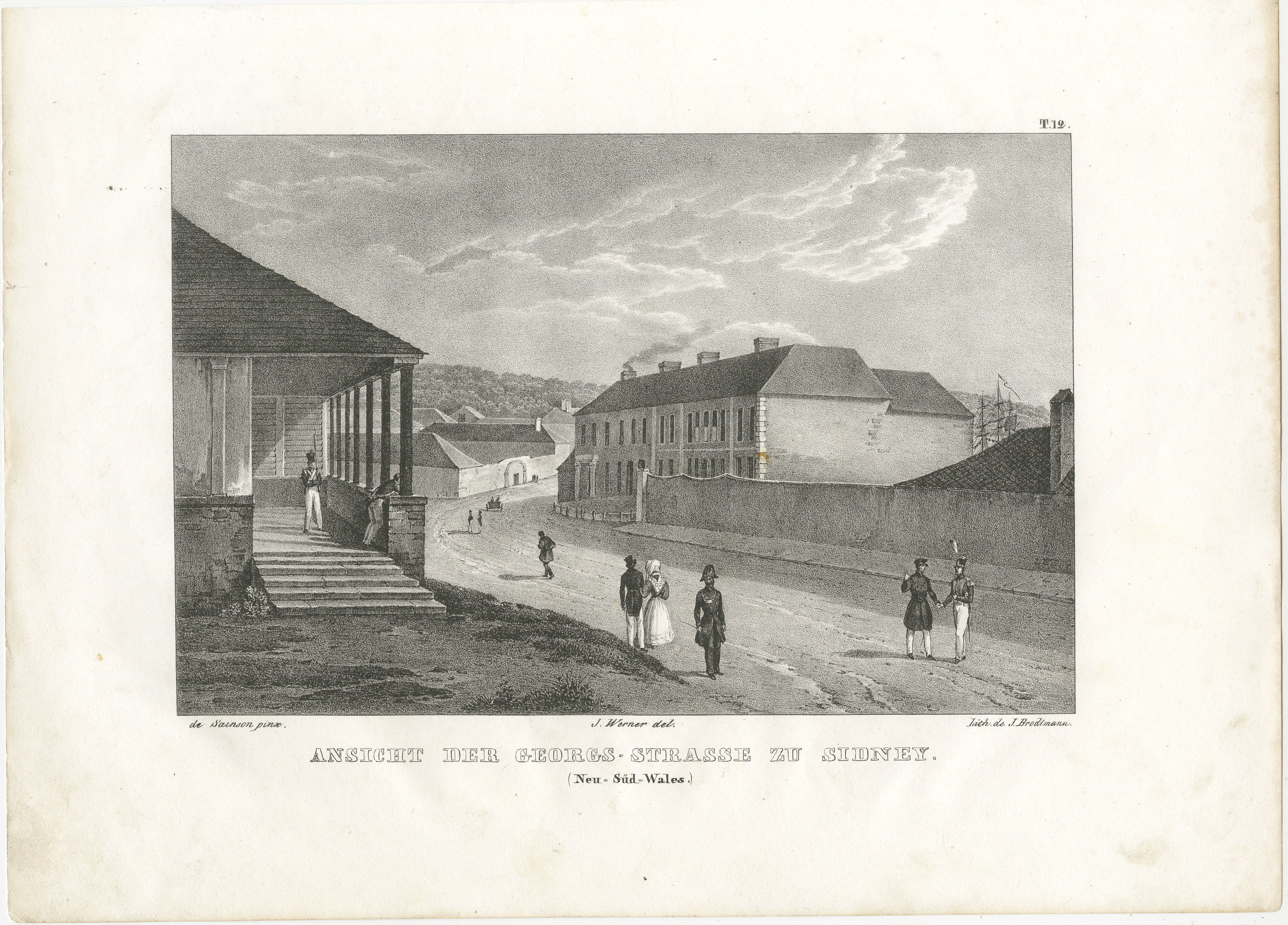 Title: View of George Street, Sydney, New South Wales  

Description: This lithograph, circa 1836, captures a quiet moment on George Street, one of Sydney's central thoroughfares in New South Wales. The scene offers a glimpse into colonial life