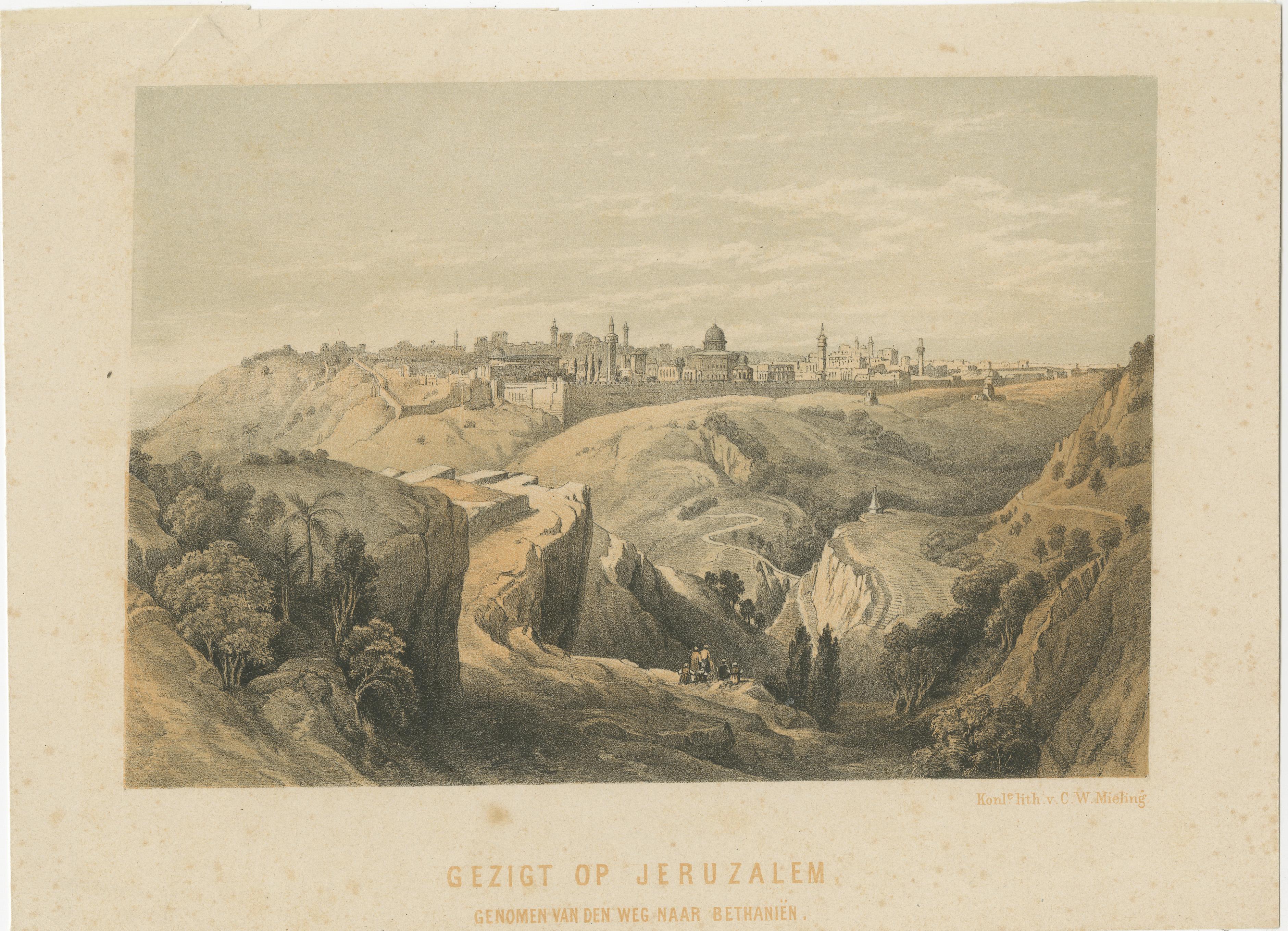 Antique print titled 'Gezigt op Jeruzalem genomen van den weg naar Bethaniën'. Lithograph of Jerusalem from the Road leading to Bethany. Published by C.W. Mieling, circa 1880. 