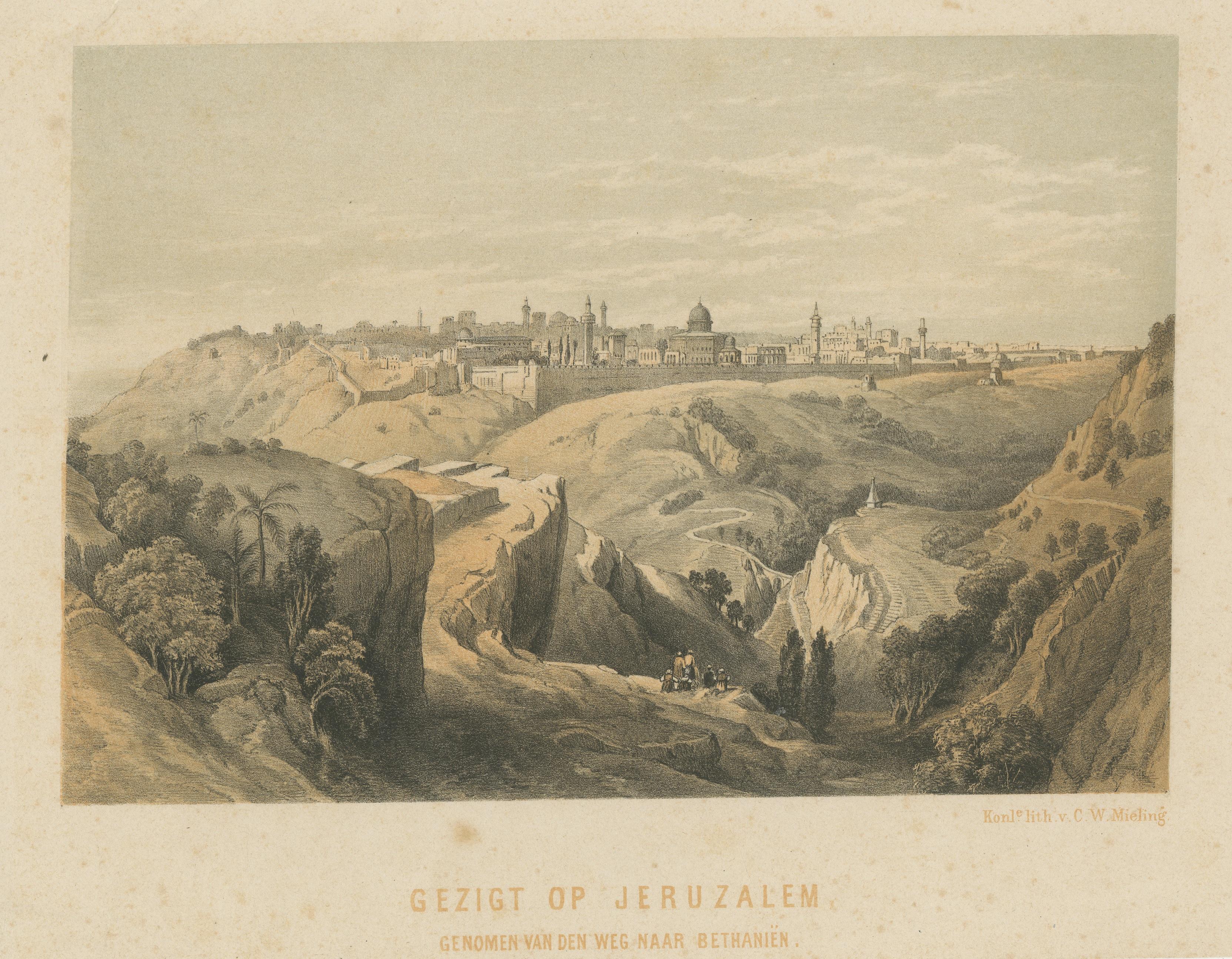 Antique Lithograph of Jerusalem from the Road leading to Bethany In Fair Condition For Sale In Langweer, NL
