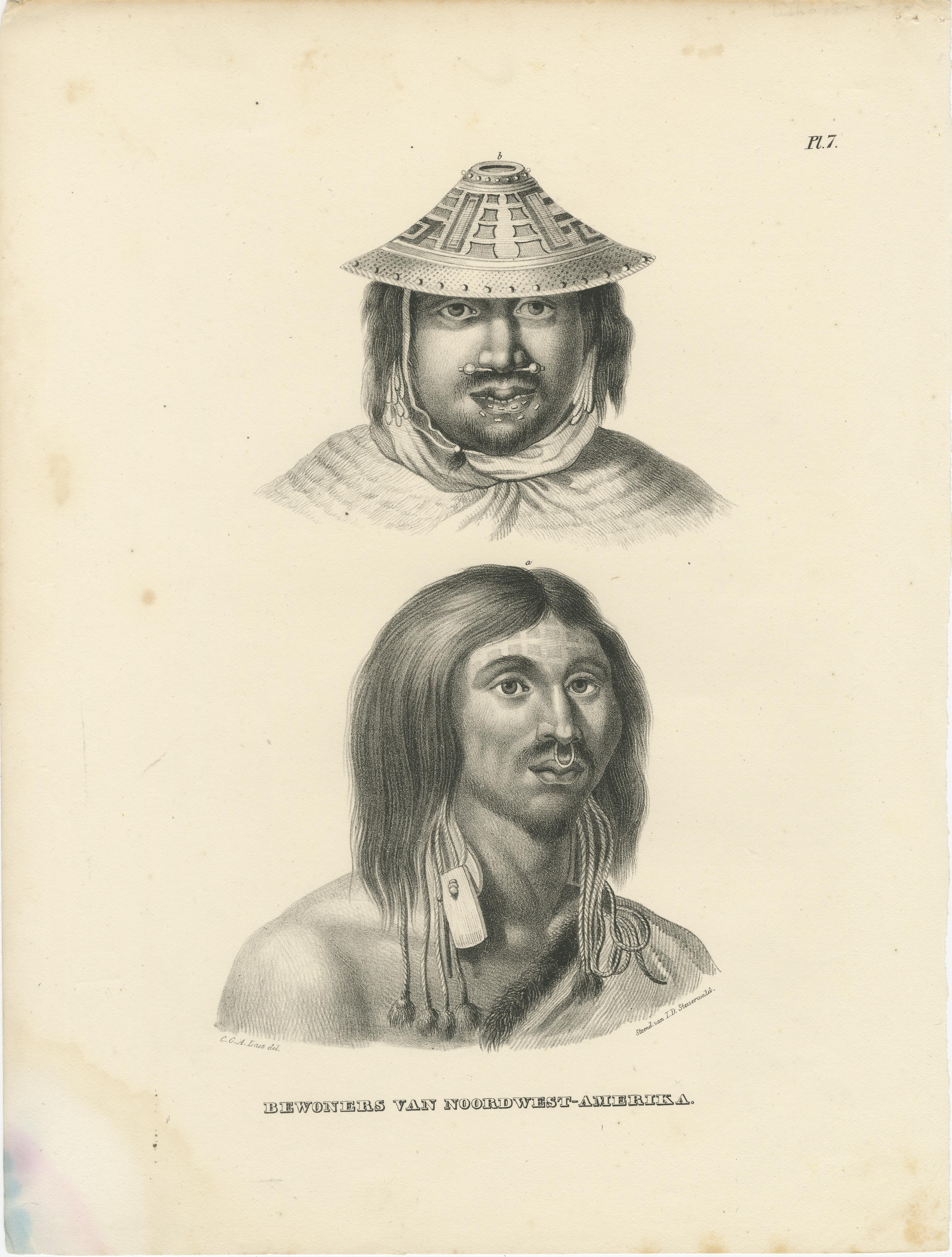Antike Lithographie der Bewohner Nordwestamerikas, Brodtmann 1827

Diese Original-Lithografie von Karl Joseph Brodtmann aus dem Jahr 1827 zeigt die Bewohner der Nordwestküste Amerikas, die mit bemerkenswerter Detailgenauigkeit und charakteristischer