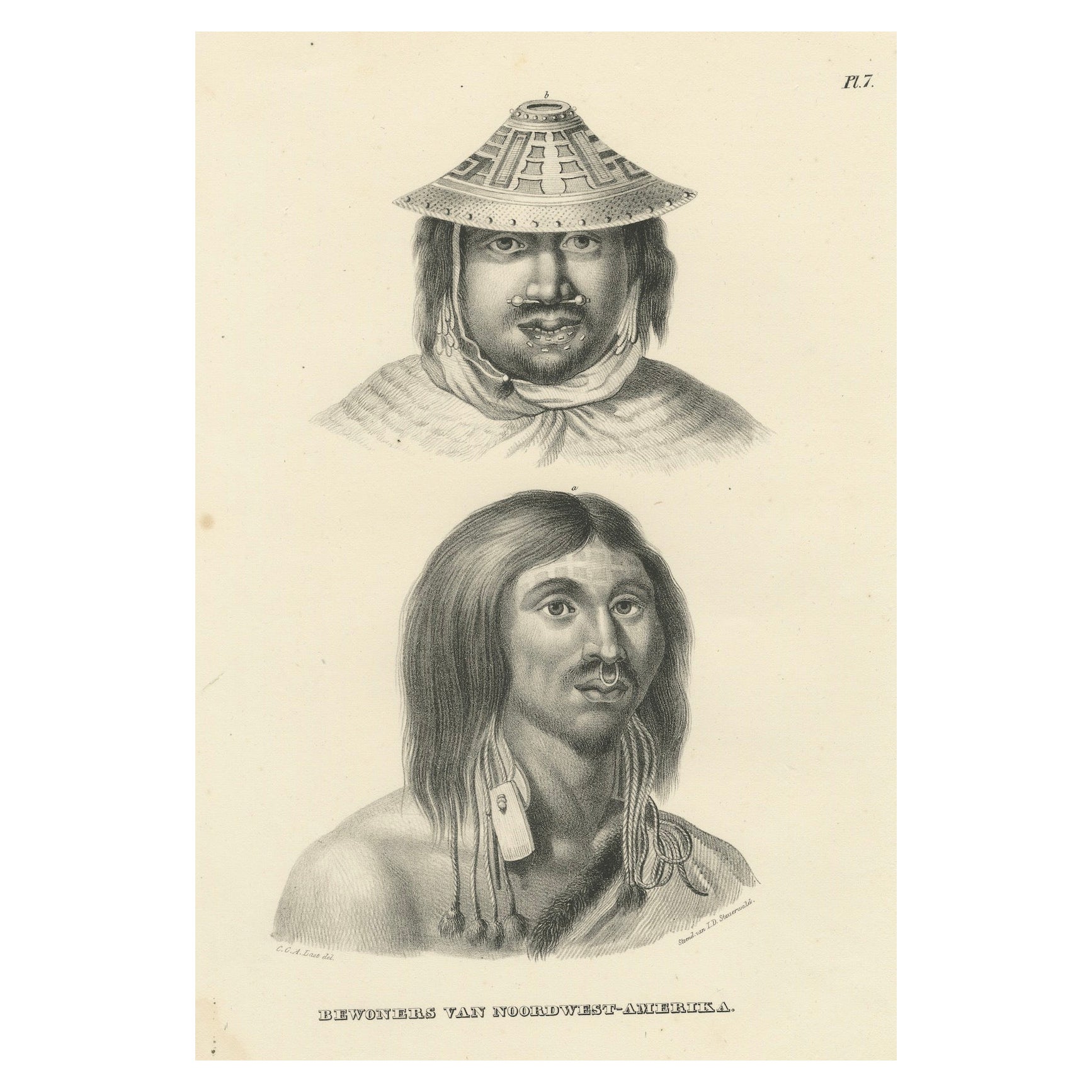 Antike Lithographie der Bewohner Nordwestamerikas, Brodtmann 1827 im Angebot