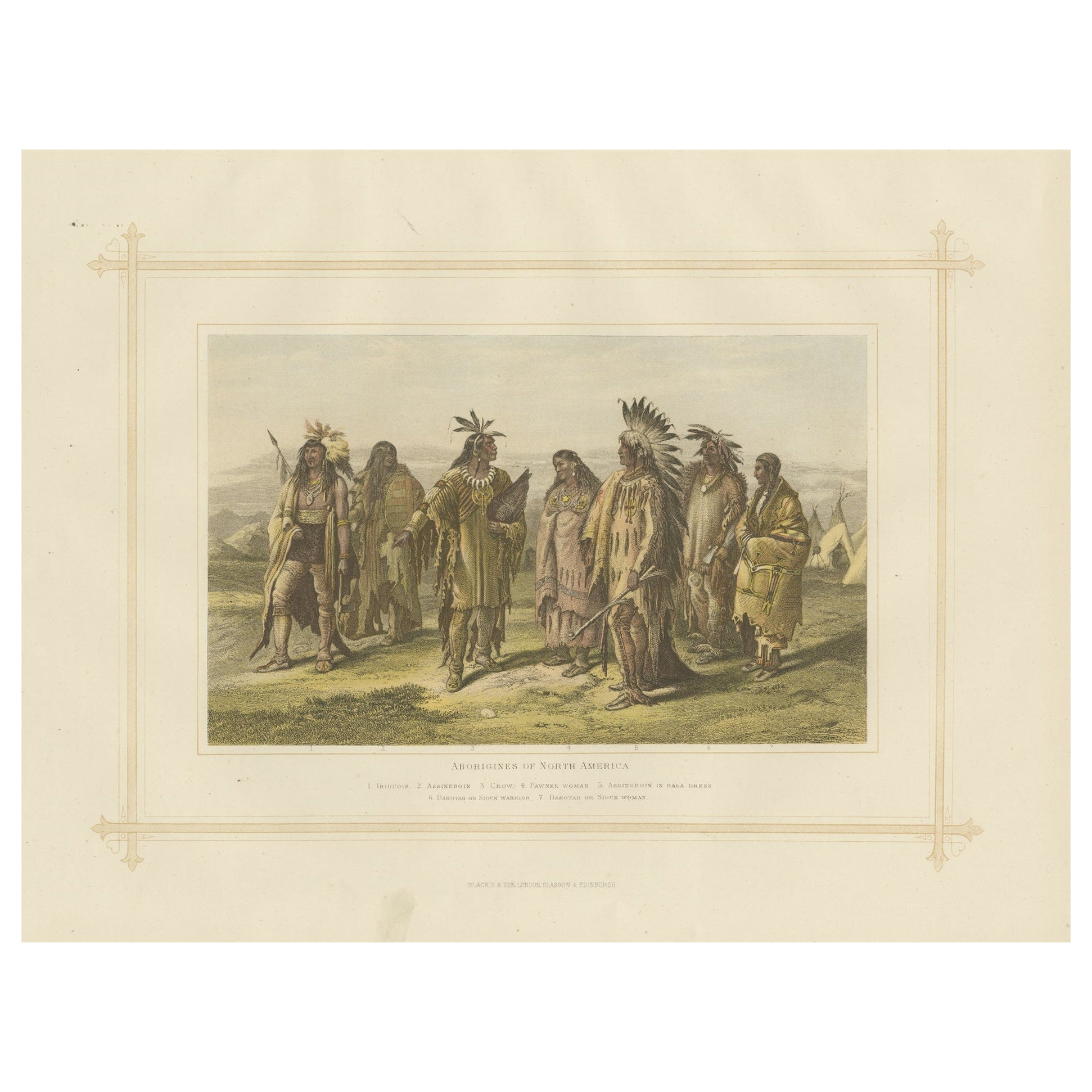 Lithographie ancienne des aborigènes d'Amérique du Nord, 1882