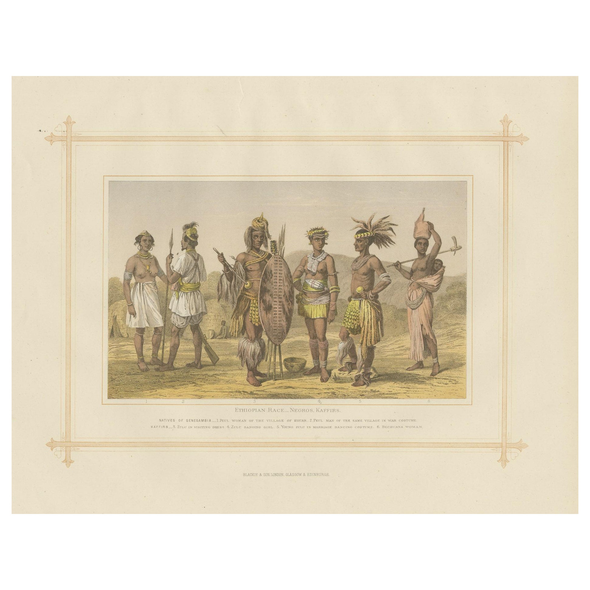 Antike Lithographie der äthiopischen Race – Negros, Kaffirs, 1882