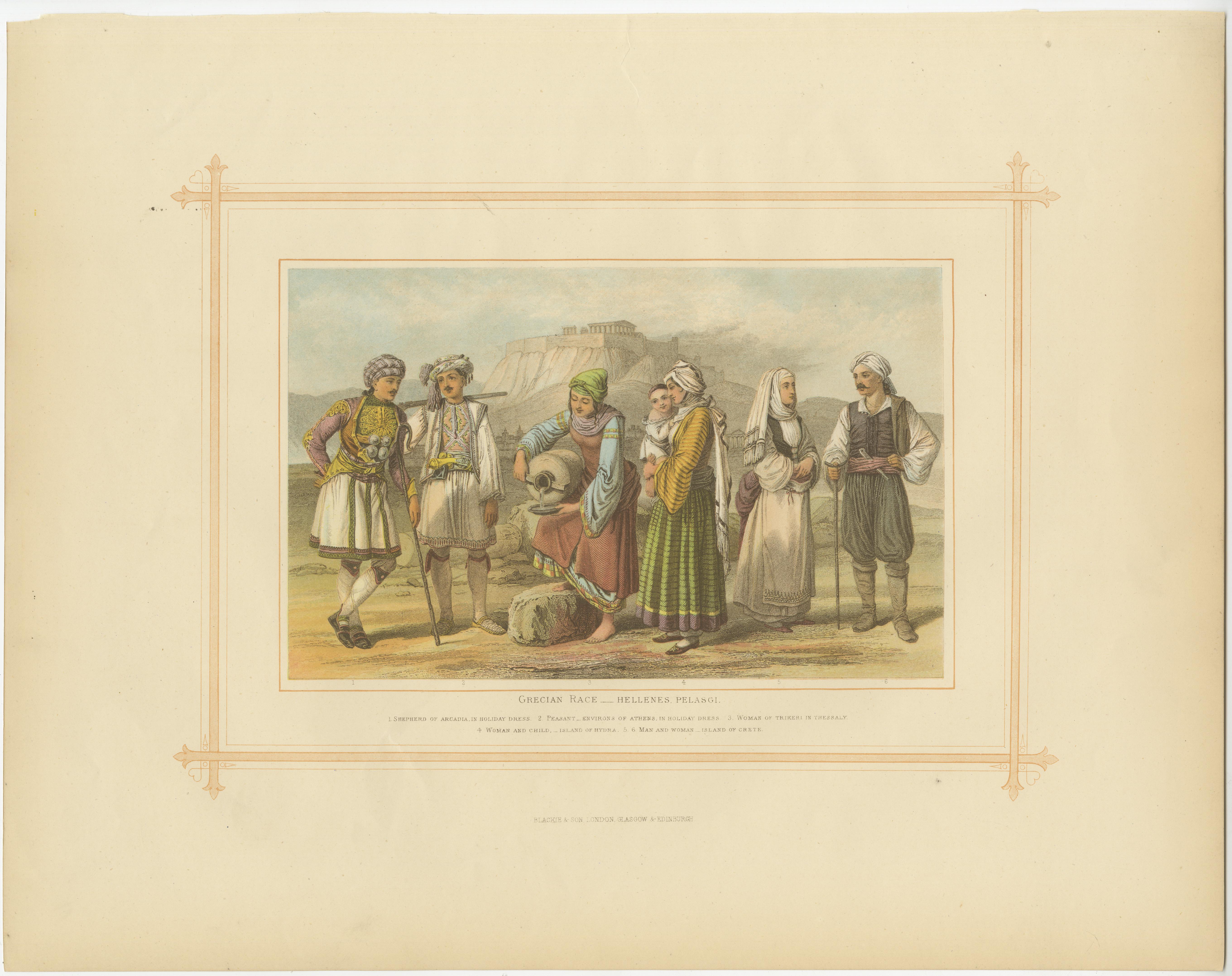 Antique Lithograph of the Grecian Race,  Hellenis Pelasgi, 1882 In Good Condition For Sale In Langweer, NL