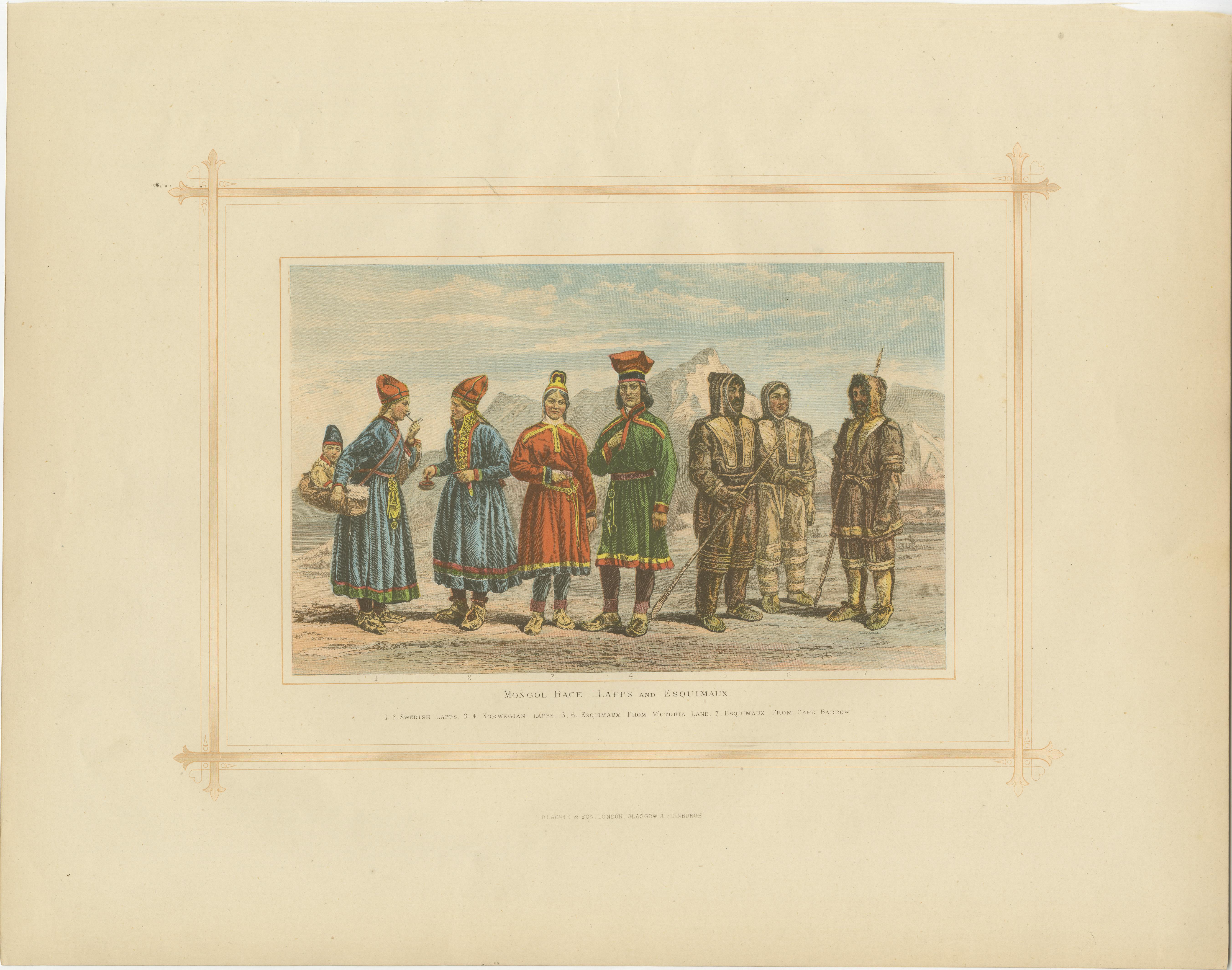Antique Lithograph of the Mongol Race,  Lapps and Esquimaux, 1882 In Good Condition For Sale In Langweer, NL